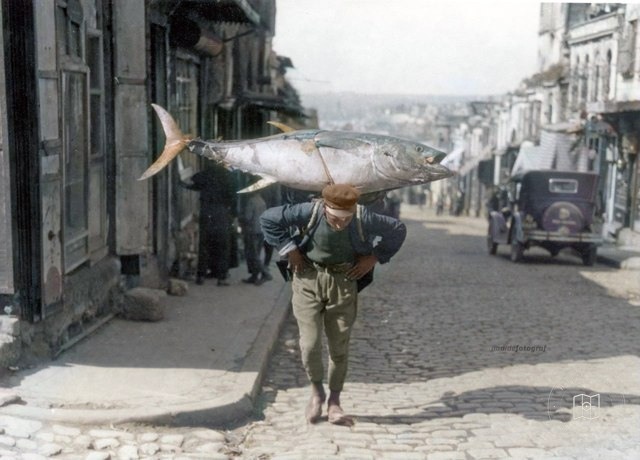 A tuna porter in Eminönü, 1933