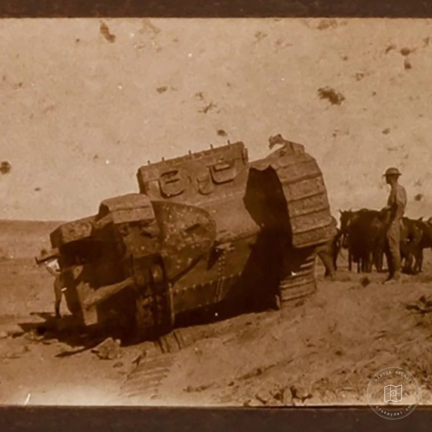 Damaged British tanks on the Gaza front