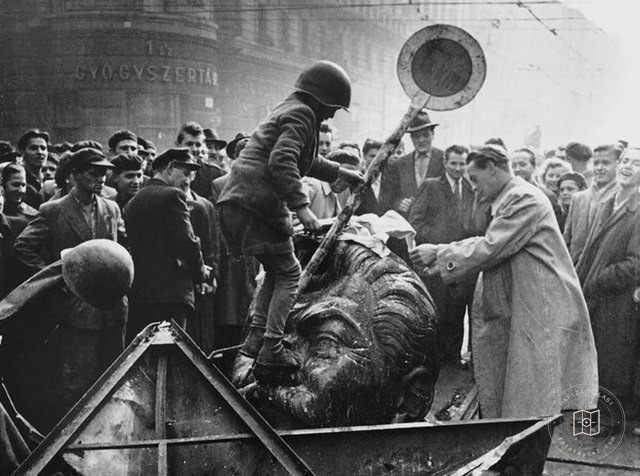 The head of the toppled Stalin statue in Budapest, 1956