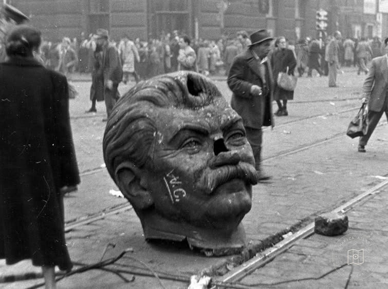 The head of the toppled Stalin statue in Budapest, 1956
