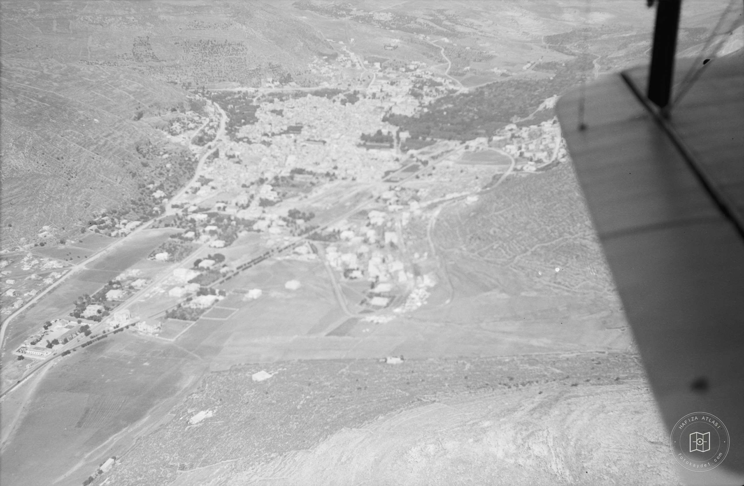 Air views. Nablus. Showing slope of Ebal