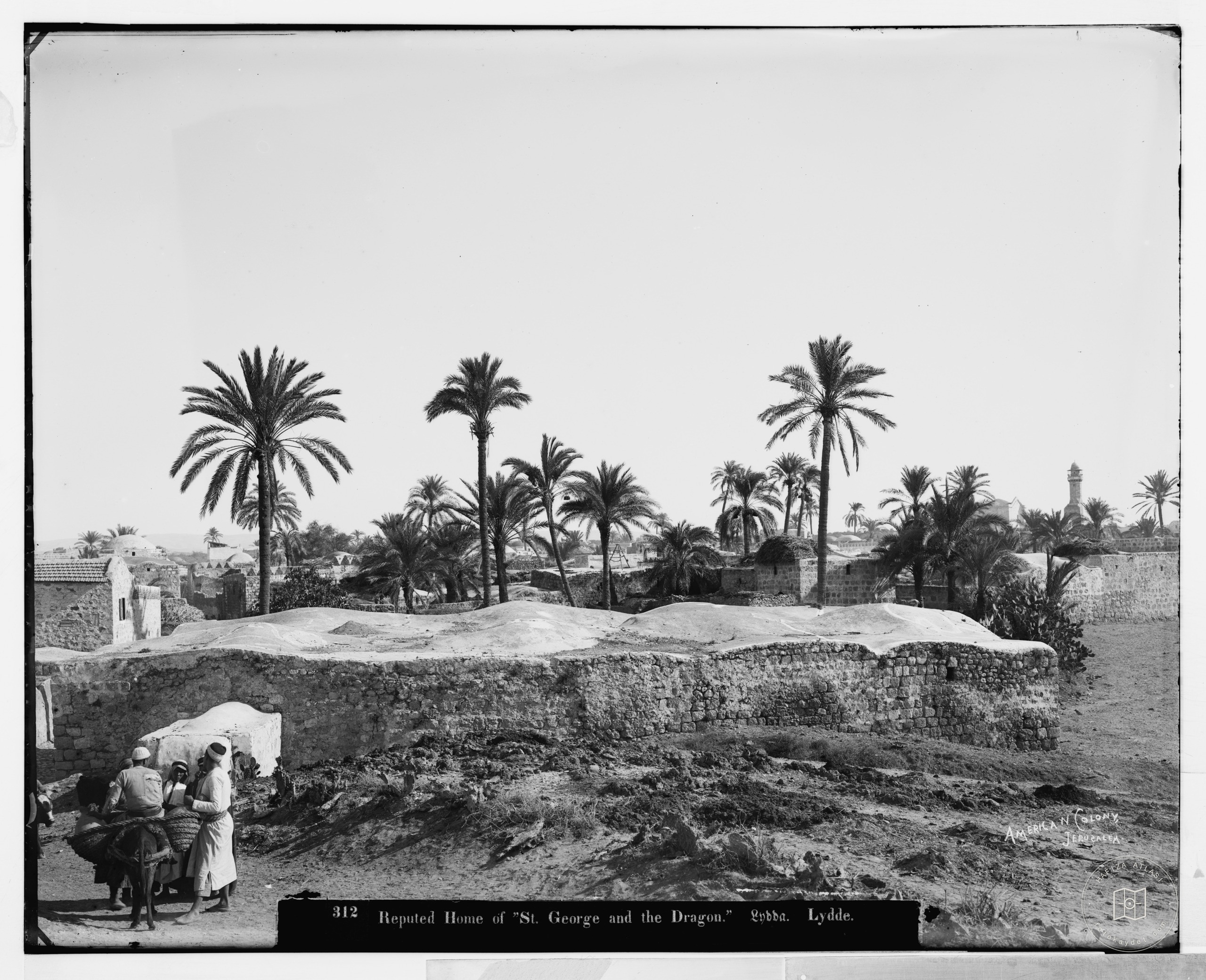 Townspeople in front of palms, Lydda