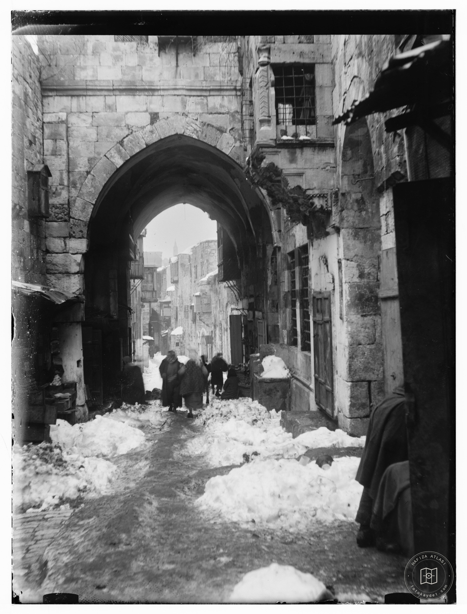 Snow in Jerusalem, 1921. Gateway? Archway via Dolorosa
