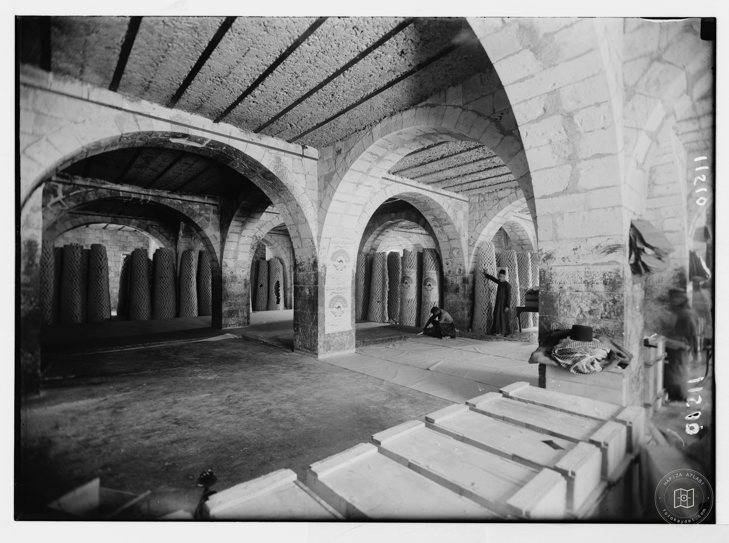 The soap factory. General view of the stock room. Soap piled in stacks to complete drying, Nablus