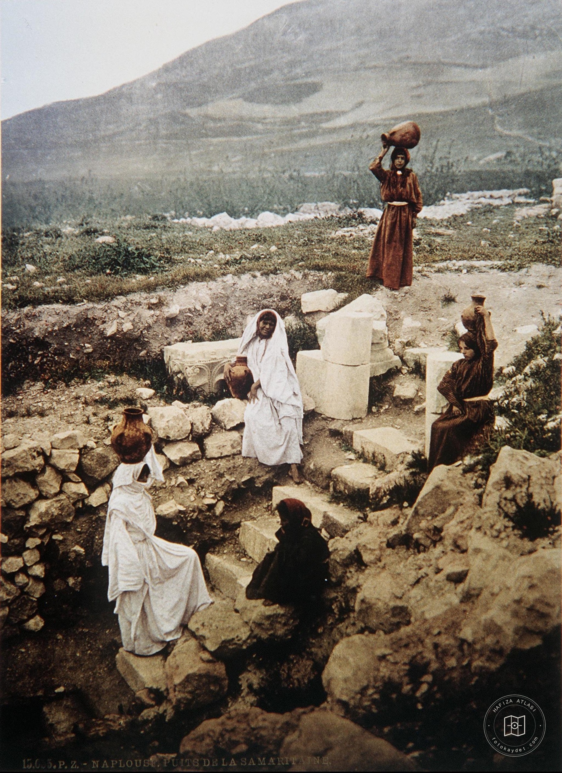 Samaritans at work near nablus. color photo from the late 19th century