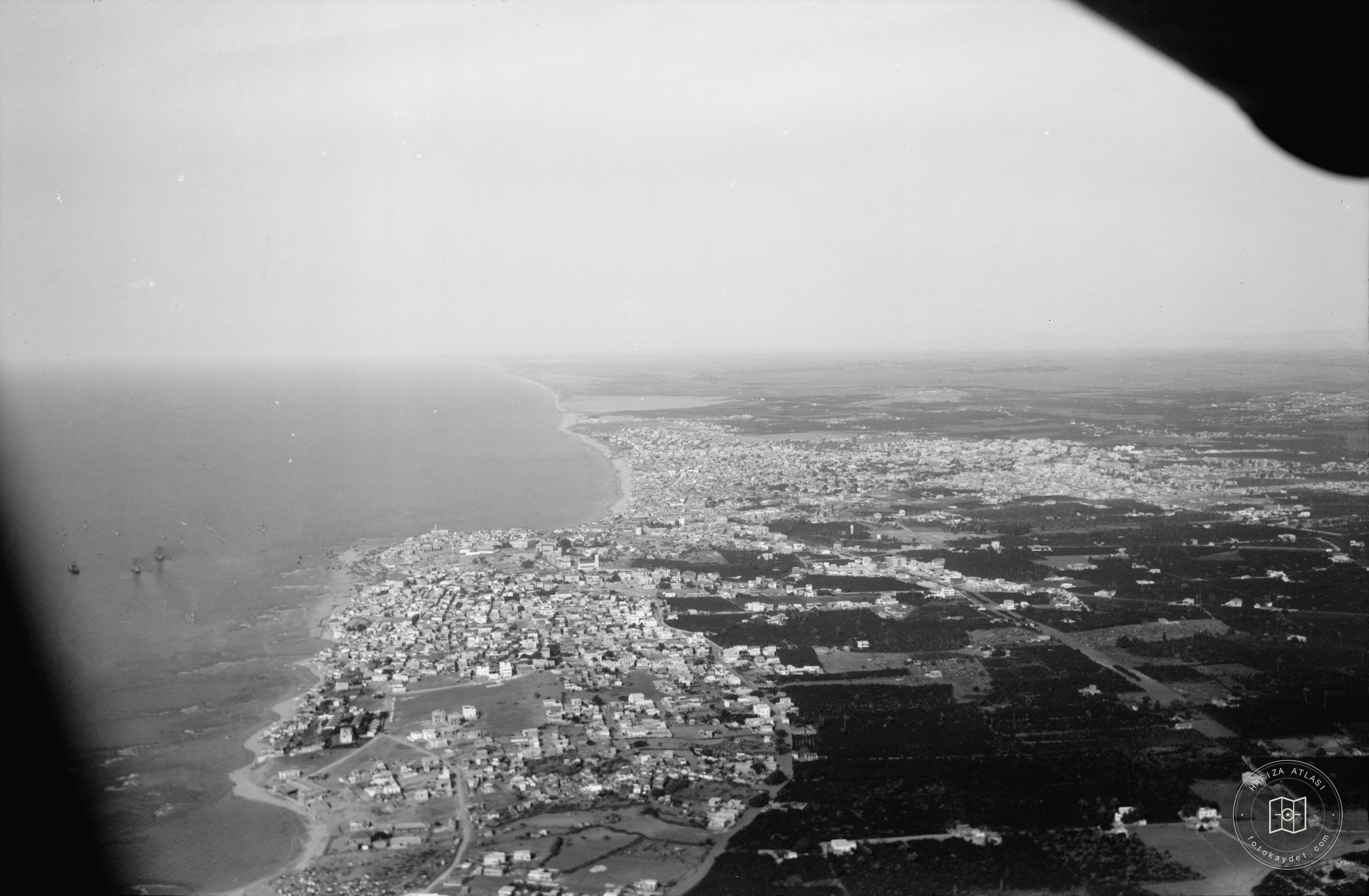 Air views of Palestine. Jaffa, Auji River and Levant Fair. Jaffa from the south. Tel Aviv in the distance