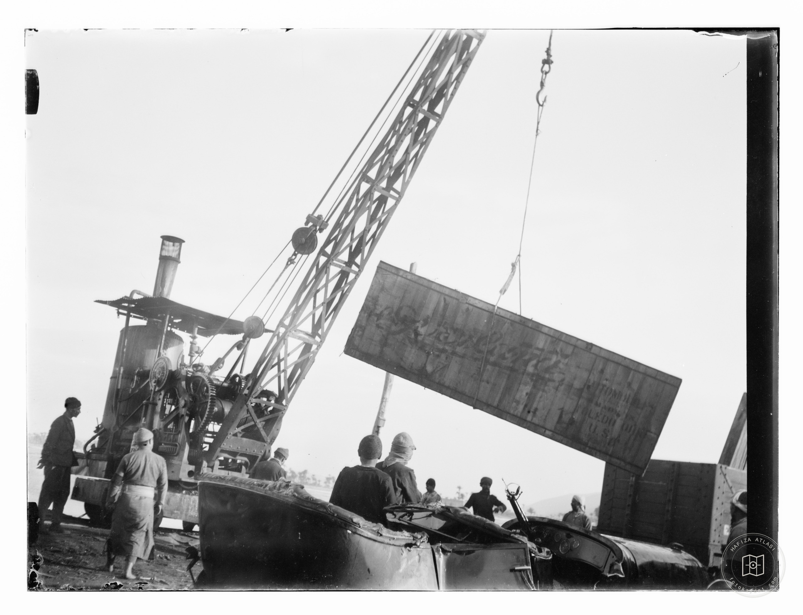 Crane unloading crated Dodge at Jaffa