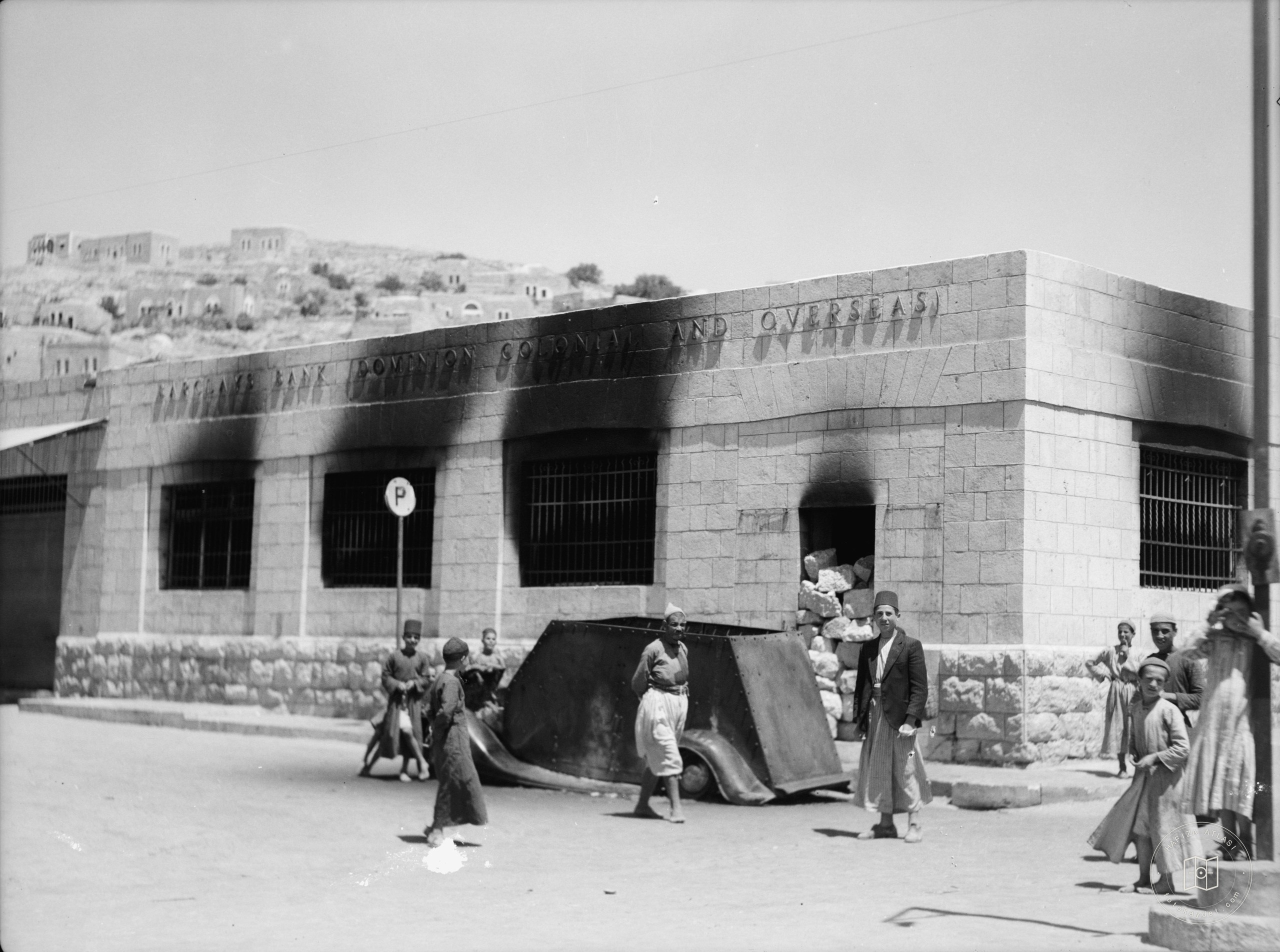 Bank building after a fire, Hebron