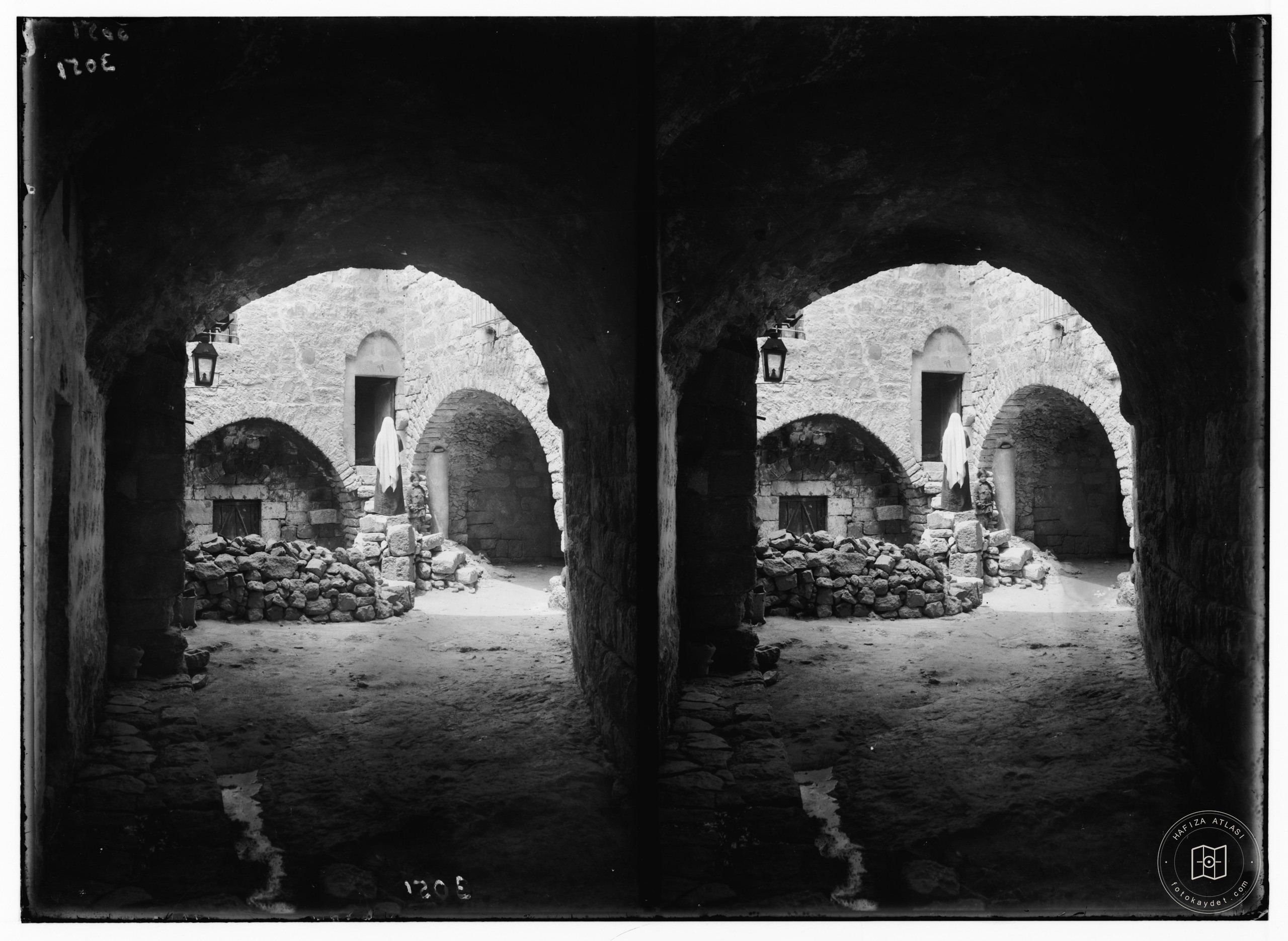 Bethlehem and surroundings. Street in oldest Bethlehem. Dark arches and lantern. "In thy dark street shineth"