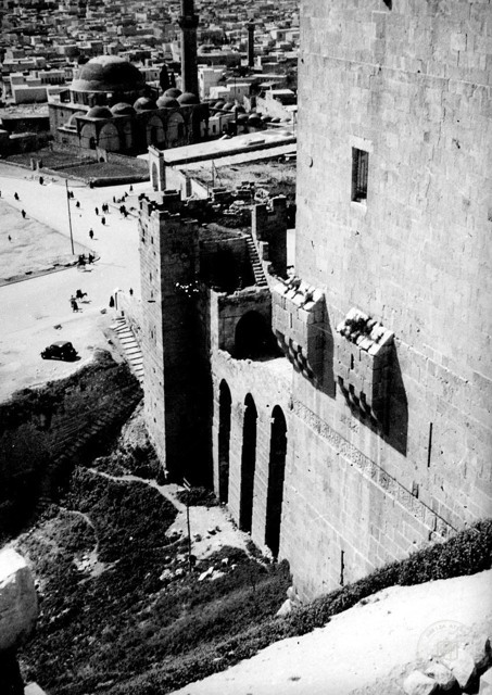 Aleppo — Citadel — entrance bridge and tower wall