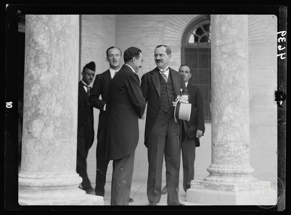 Celebration of Iraq becoming member of the League of Nations, Oct. 6, 1932. Baghdad. Sir Humphrey, British Ambassador. Taking leave of the King's Chamberlain at the Palace