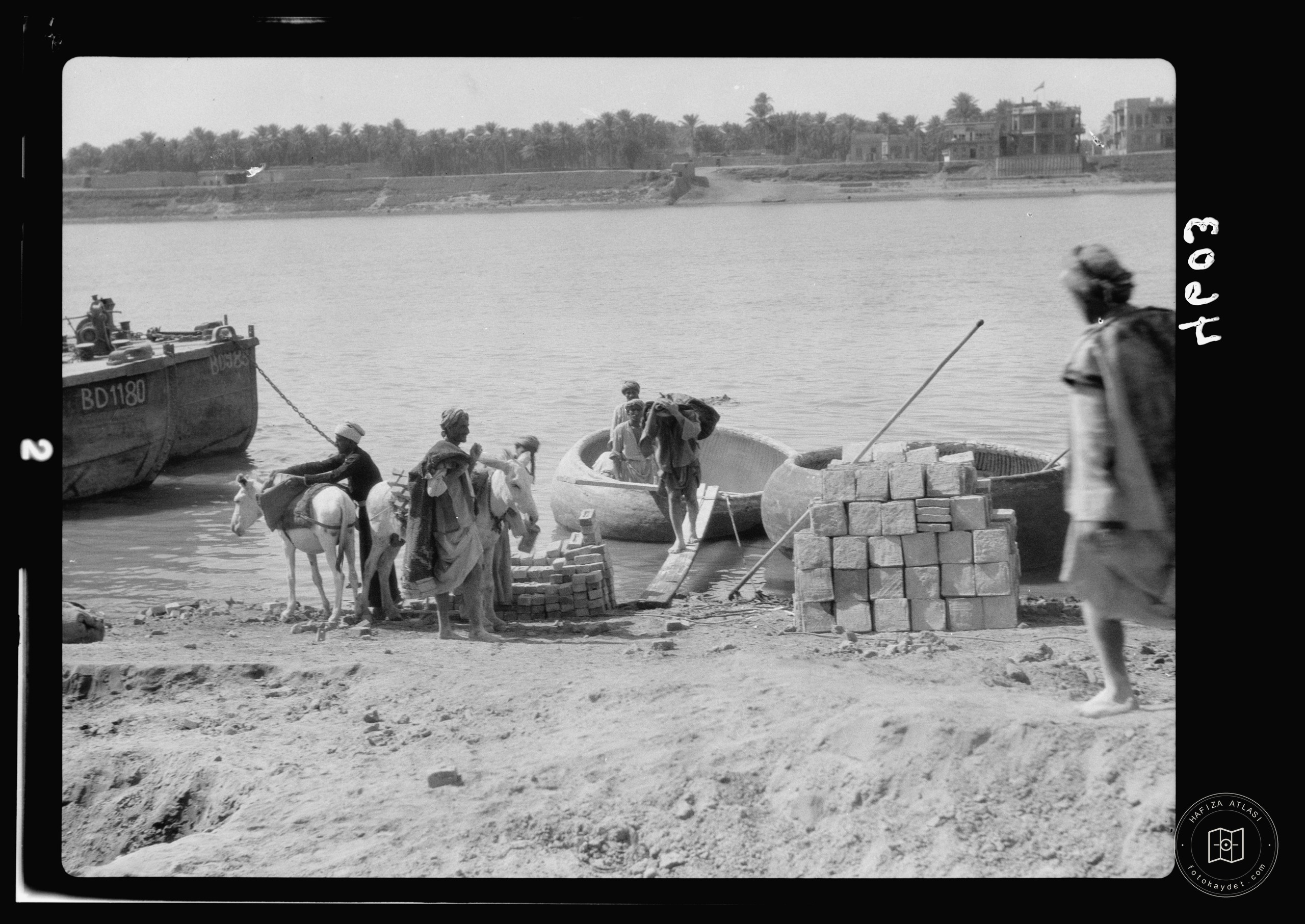 Baghdad. The Tigris. Unloading bricks from "ghuffas." Round basket boats