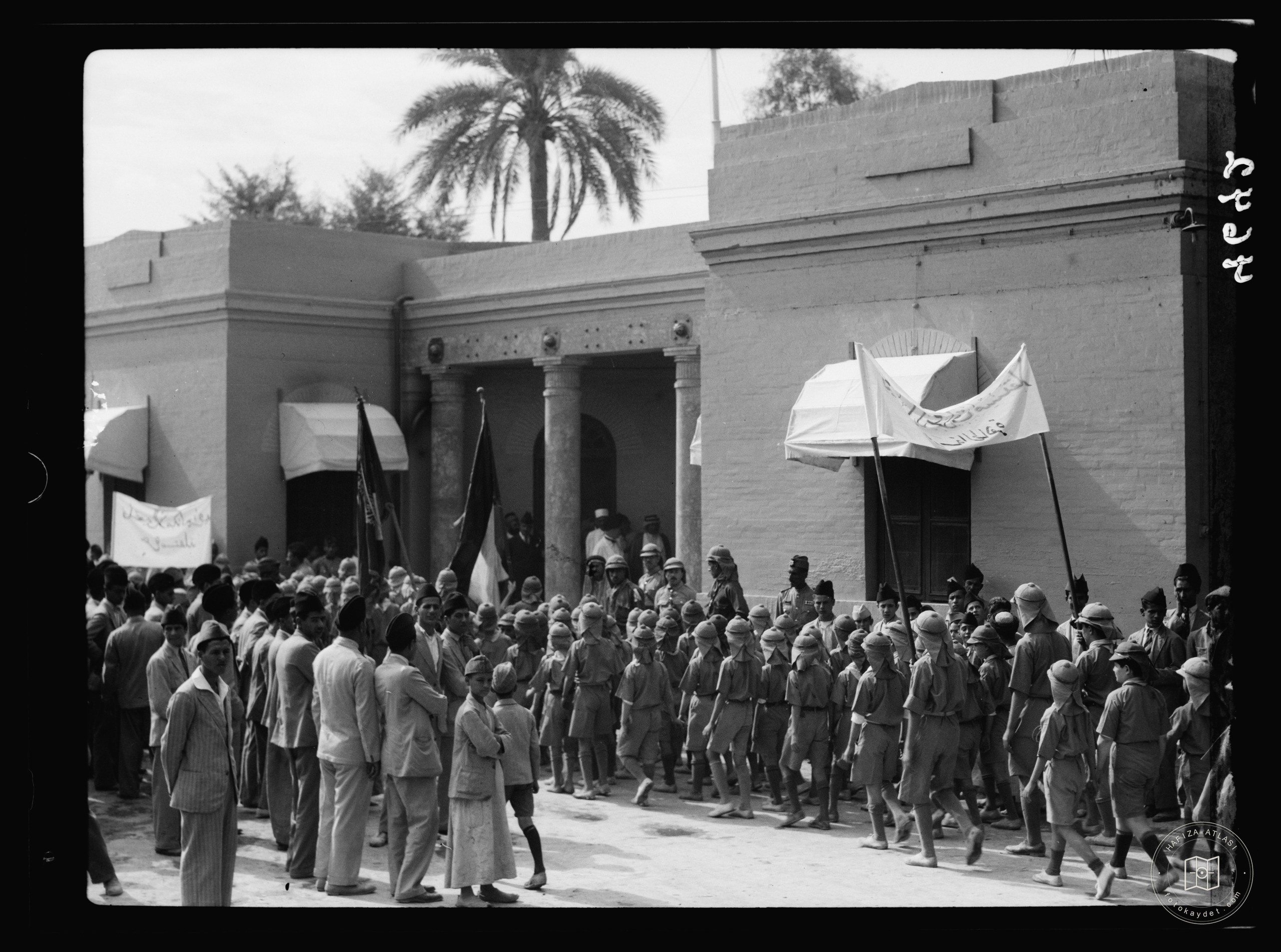 Celebration of Iraq becoming member of the League of Nations, Oct. 6, 1932. Baghdad. School boys pay their respects. At the Palace