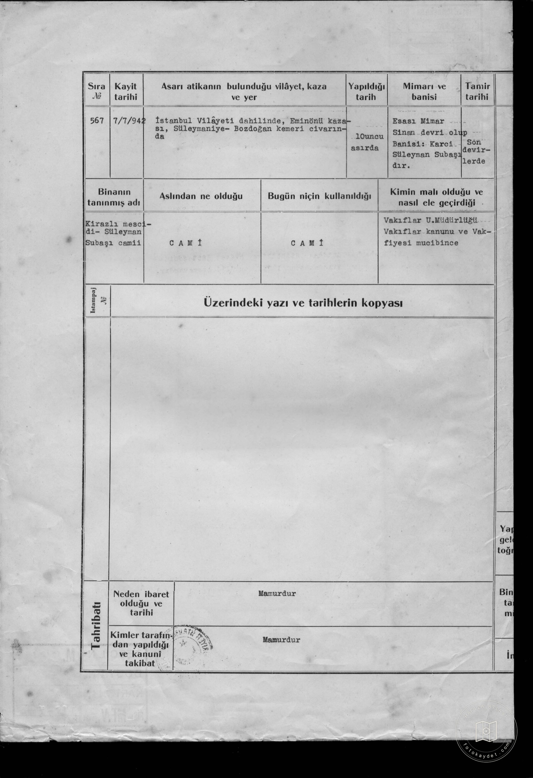 KİRAZLI MESCİDİ VE SÜLEYMAN SUBAŞI Mosque — Document