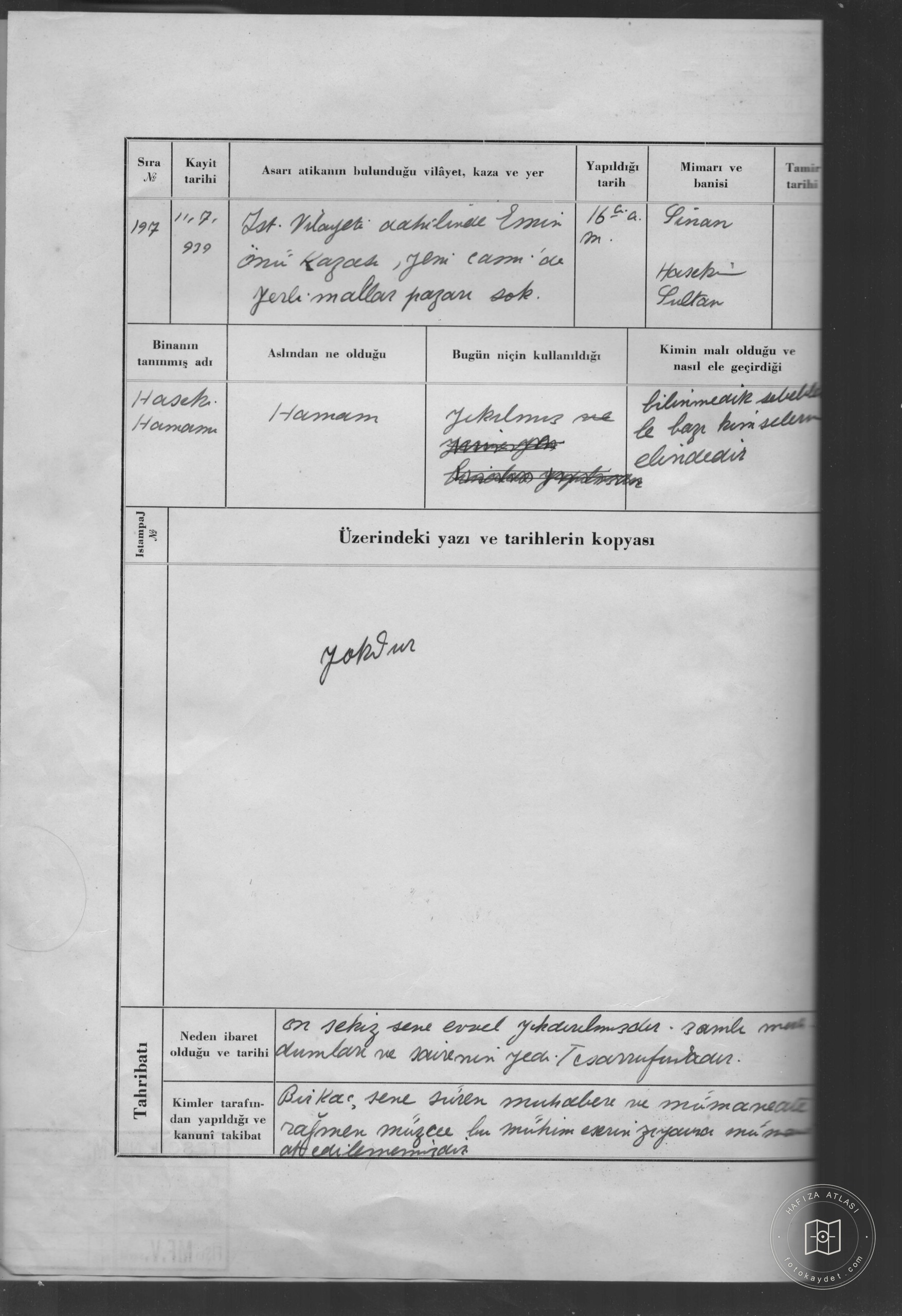 Haseki Hamamı — Belge