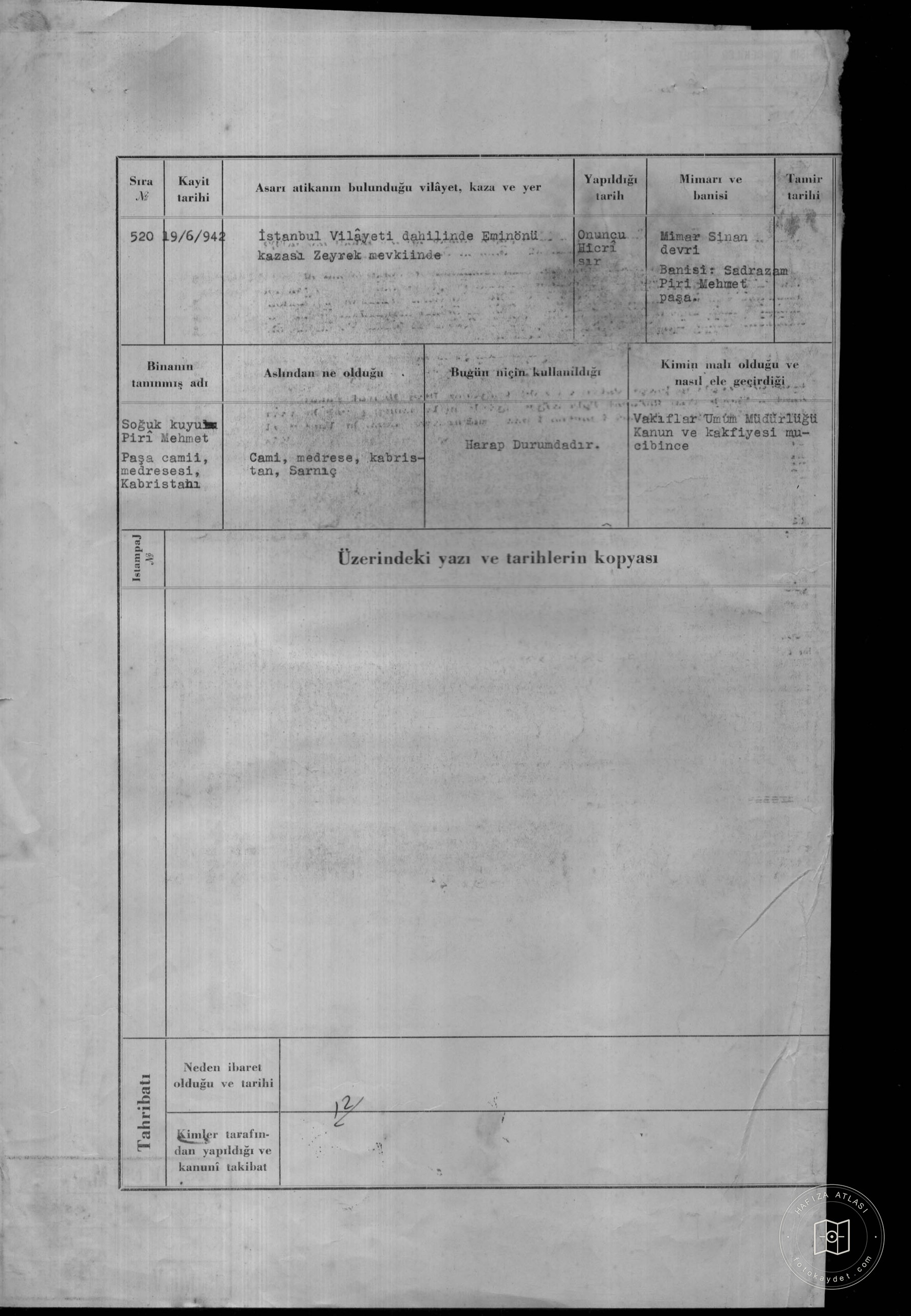 Cold Well Piri Mehmet Pasha Mosque, medresesi, kabristan — Document