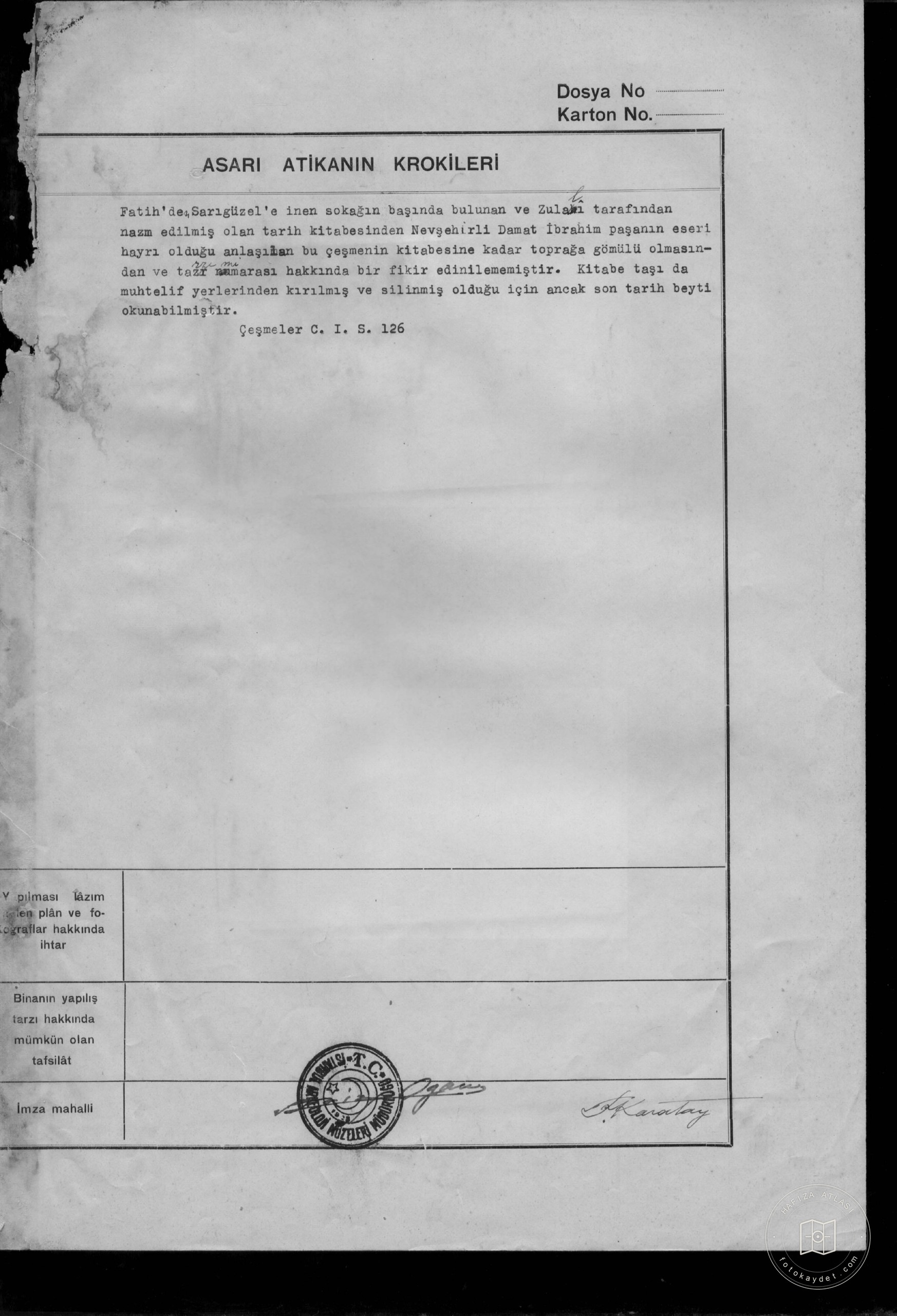 Damat İbrahim Paşa Çeşmesi — Belge