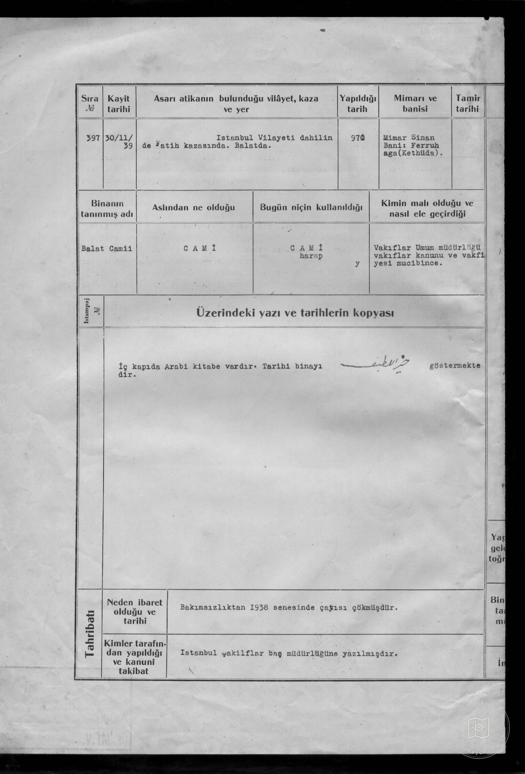 Balat Ferruh Kethüda Mosque — Archival document