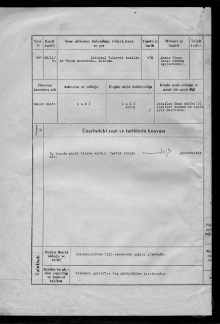 Balat Ferruh Kethüda Mosque — Archival document