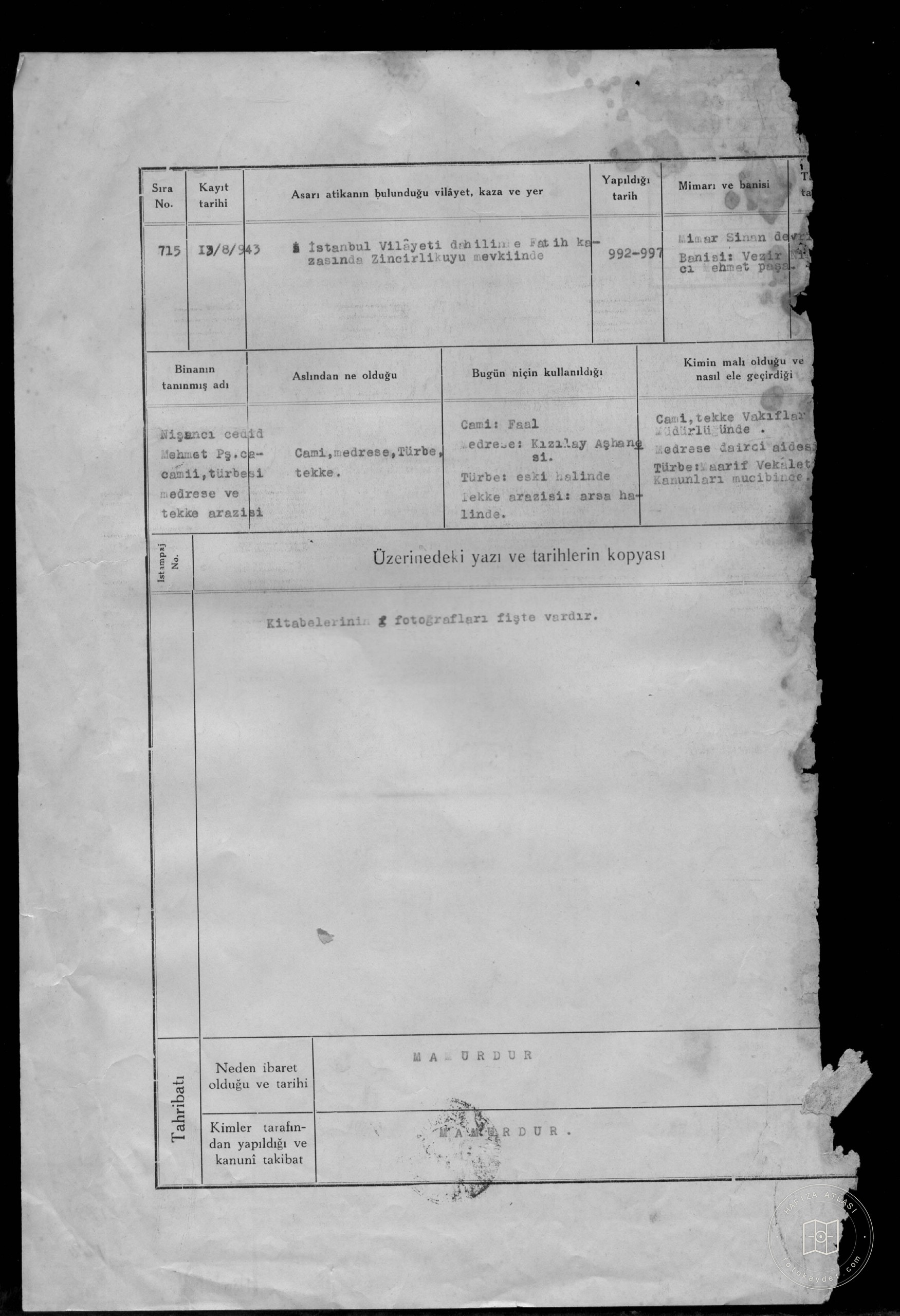 Cedit Mehmet Pasha Mosque, Medrese and Tekke Harabesi — Document