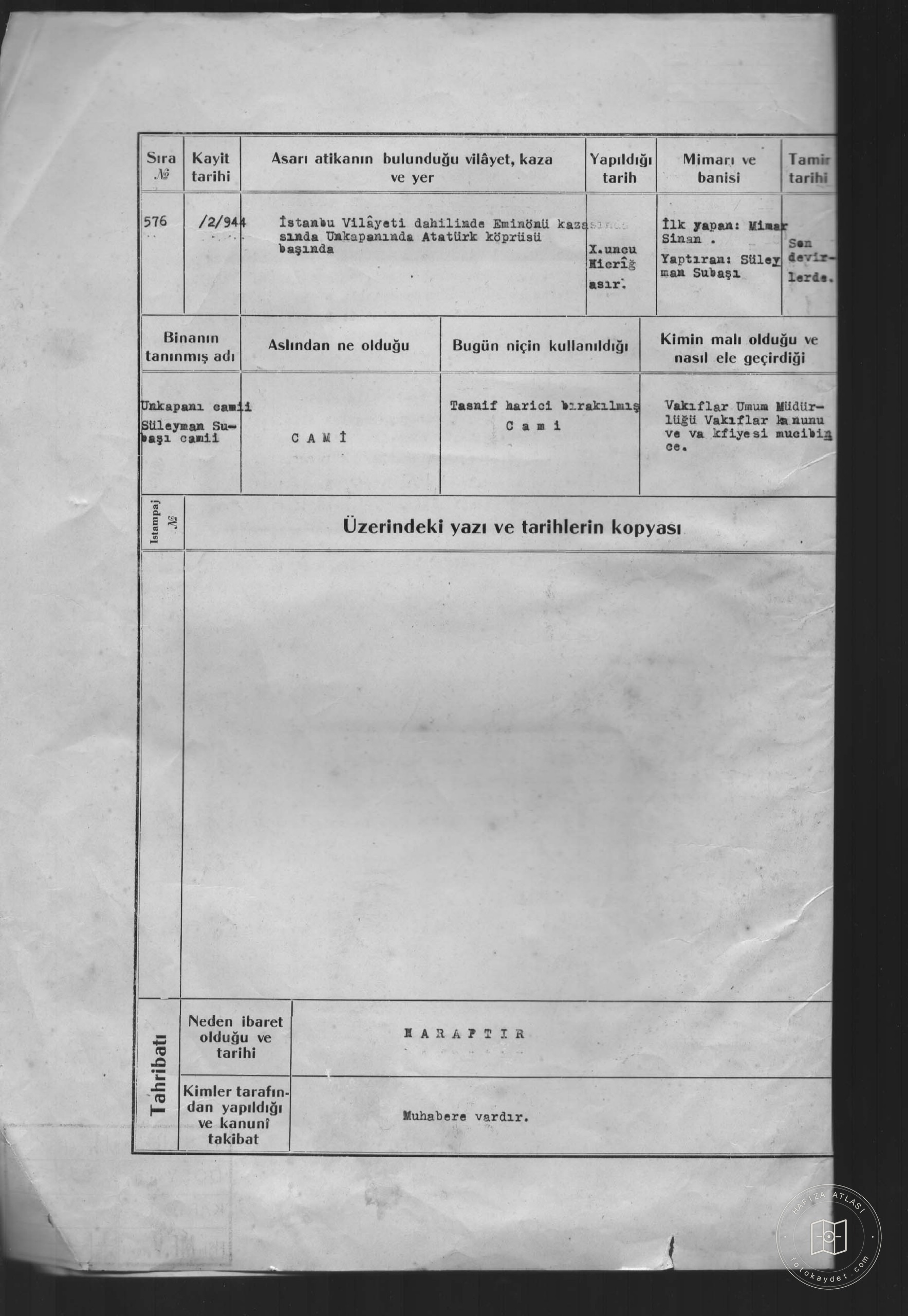 Unkapanı Mosque Süleyman Subasi Mosque — Document