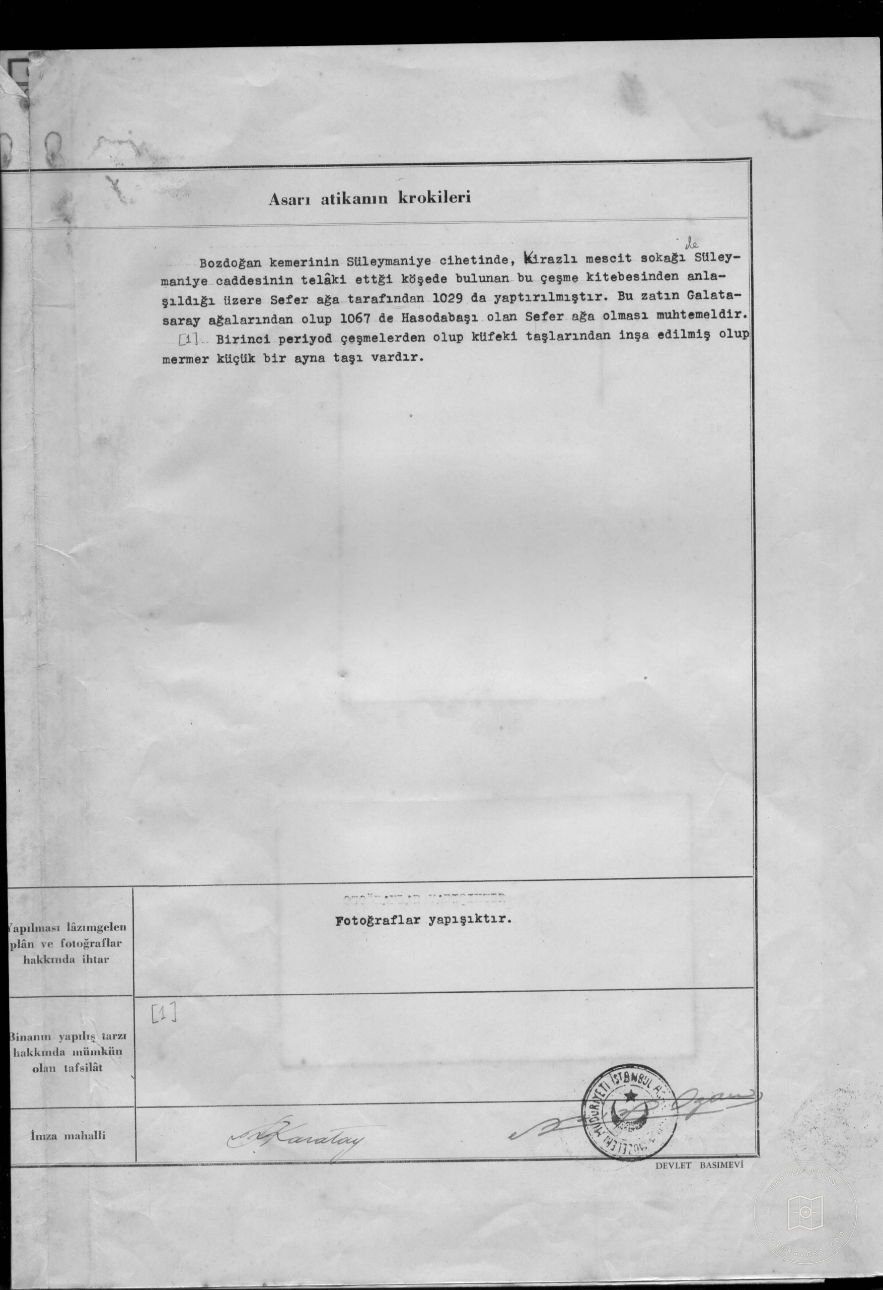 Sefer Ağa Çeşmesi — Belge