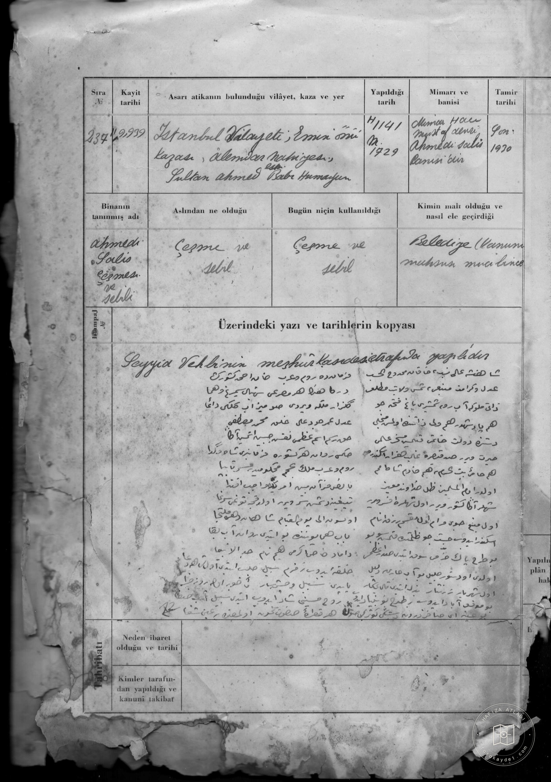 AHMET SALİH Fountain and SEBİLİ — Document