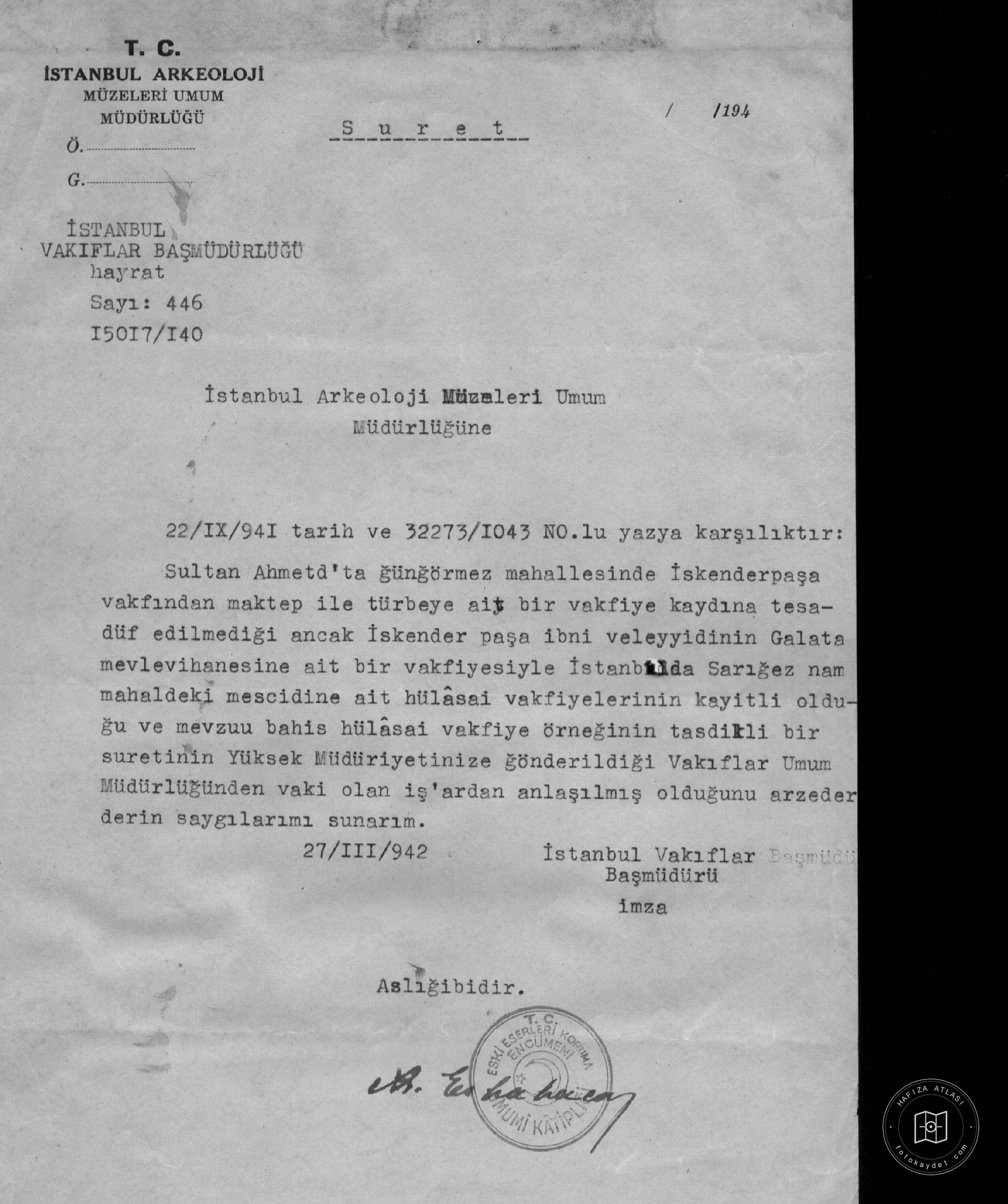 İskender Paşa Türbesi ve Mektebi — Arşiv belgesi