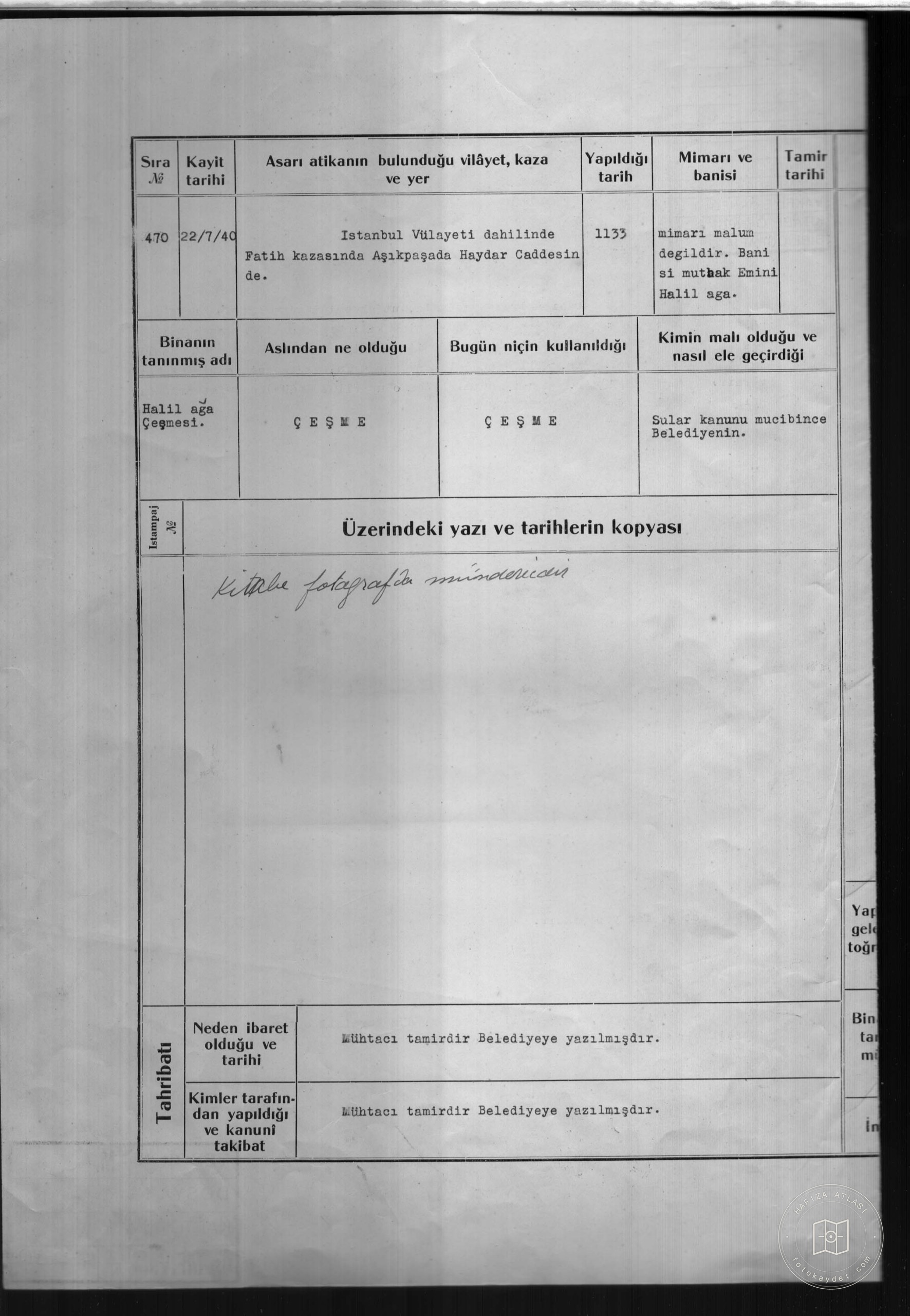 HALİL AĞA Fountain — Document