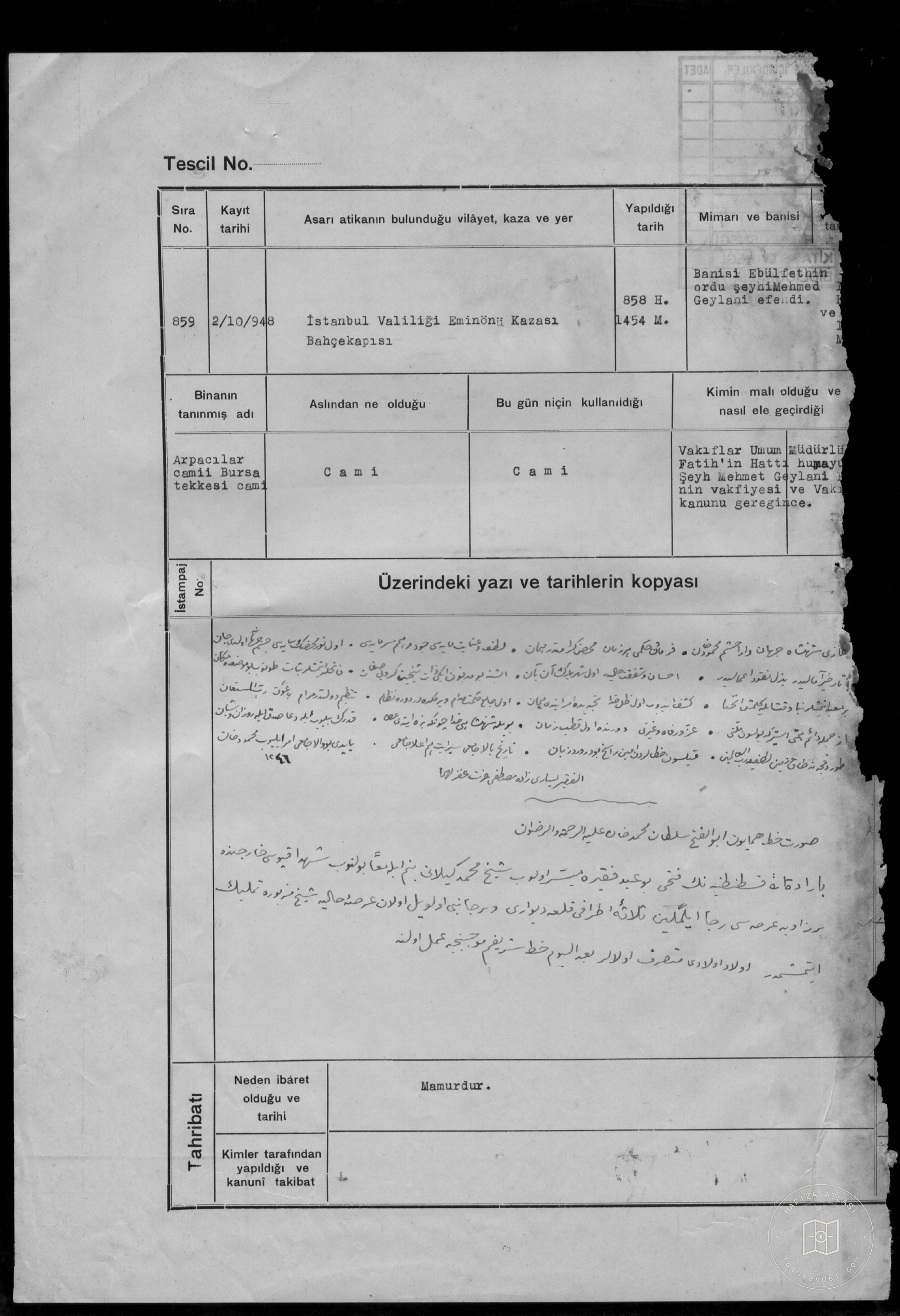 Arpacılar Mosque Bursa Tekkesi Mosque — Document