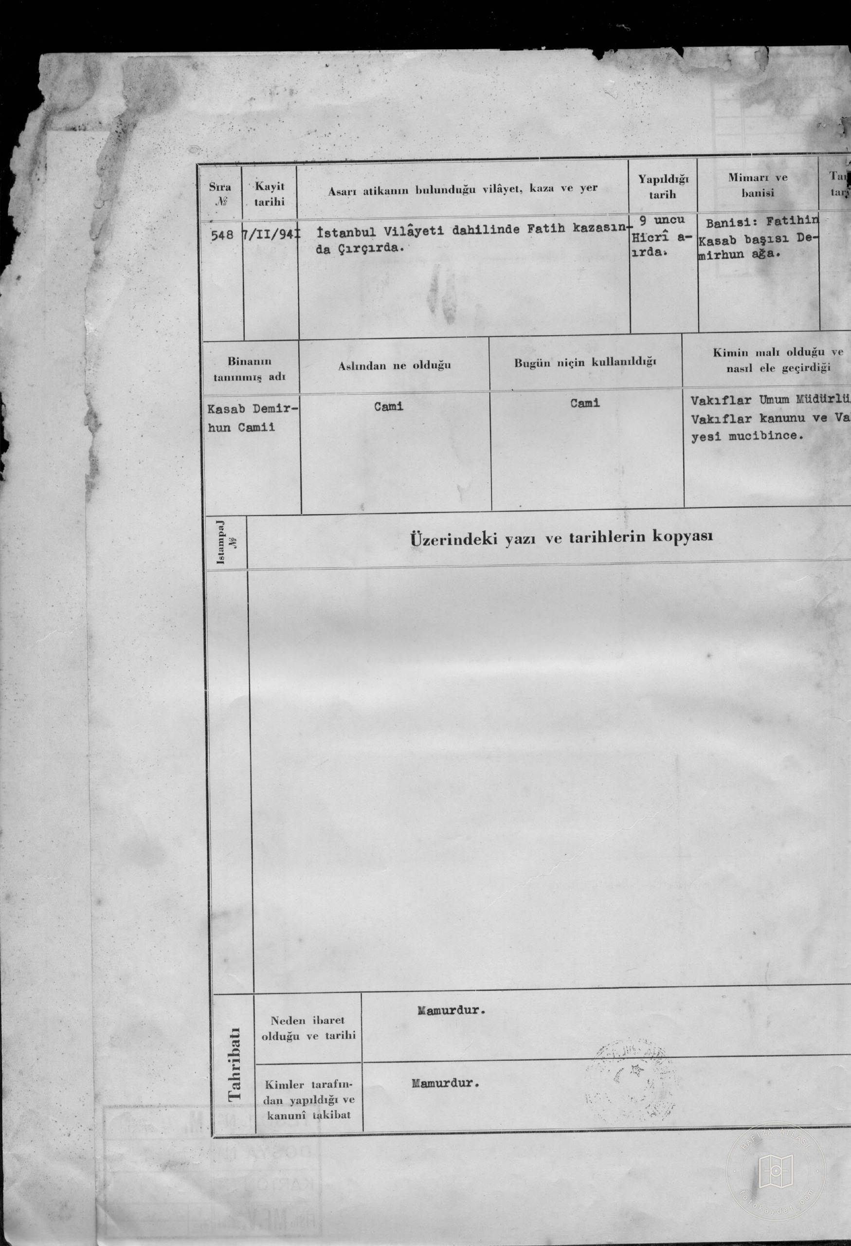 KASAB DEMİRHUN Mosque — Document