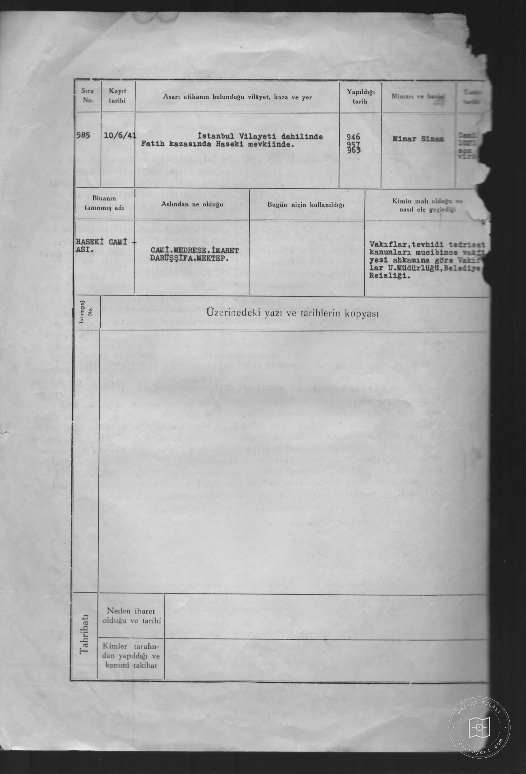 Haseki Mosque, Medrese, Sign, Darüşshifa, Mektep — Document