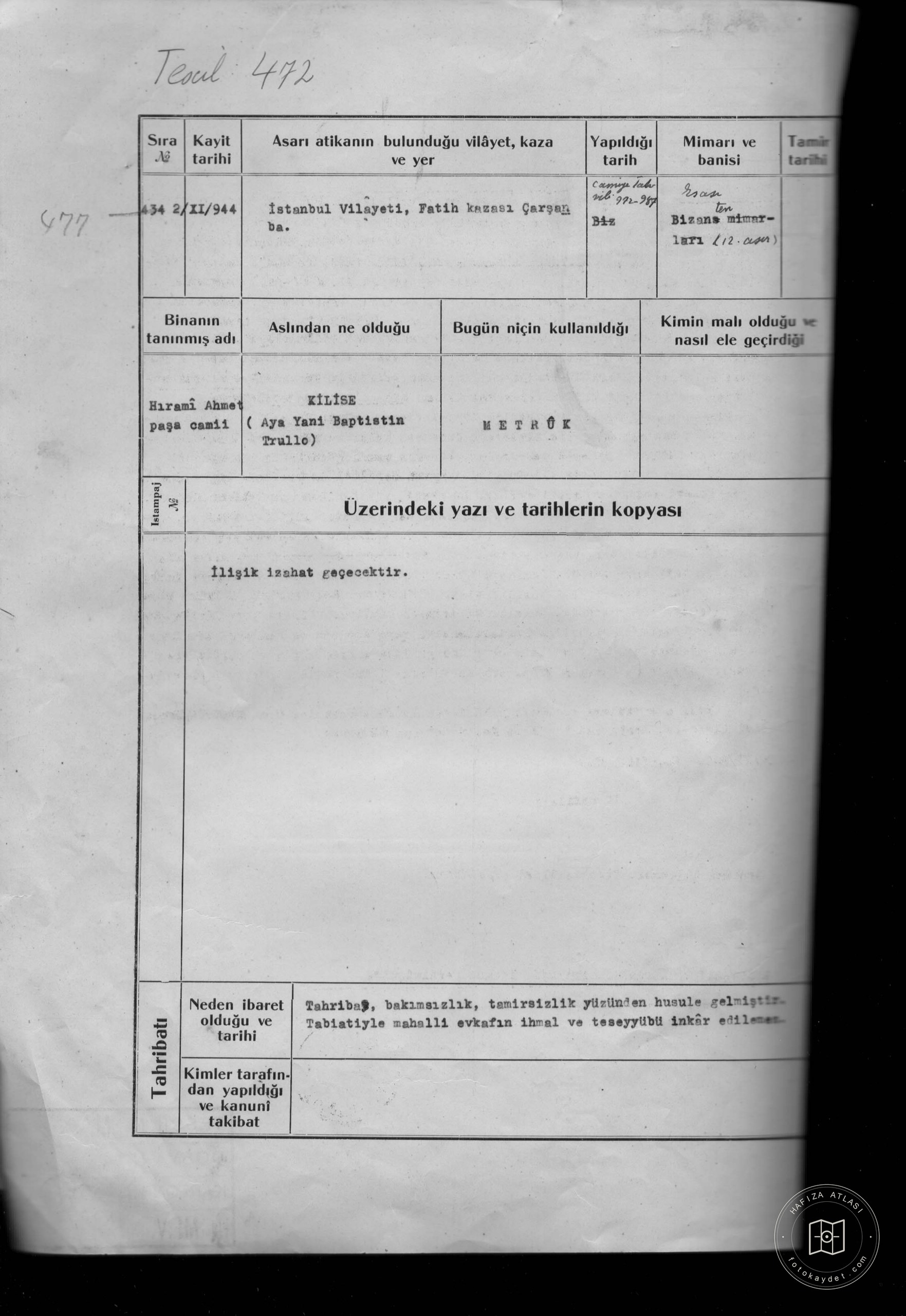 HIRAMİ AHMET PAŞA Mosque — Document
