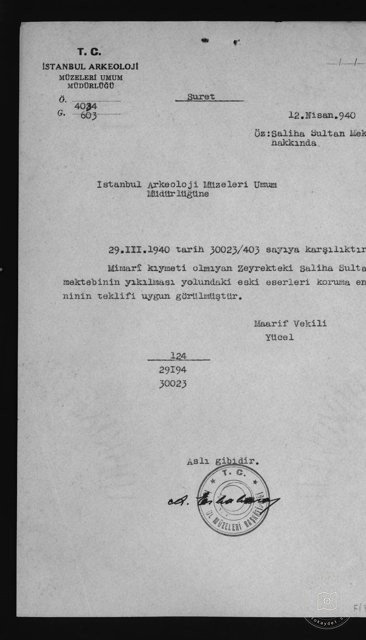 Zeyrek Çukur Çeşme On Saliha Hatun Mektebi — Archival document