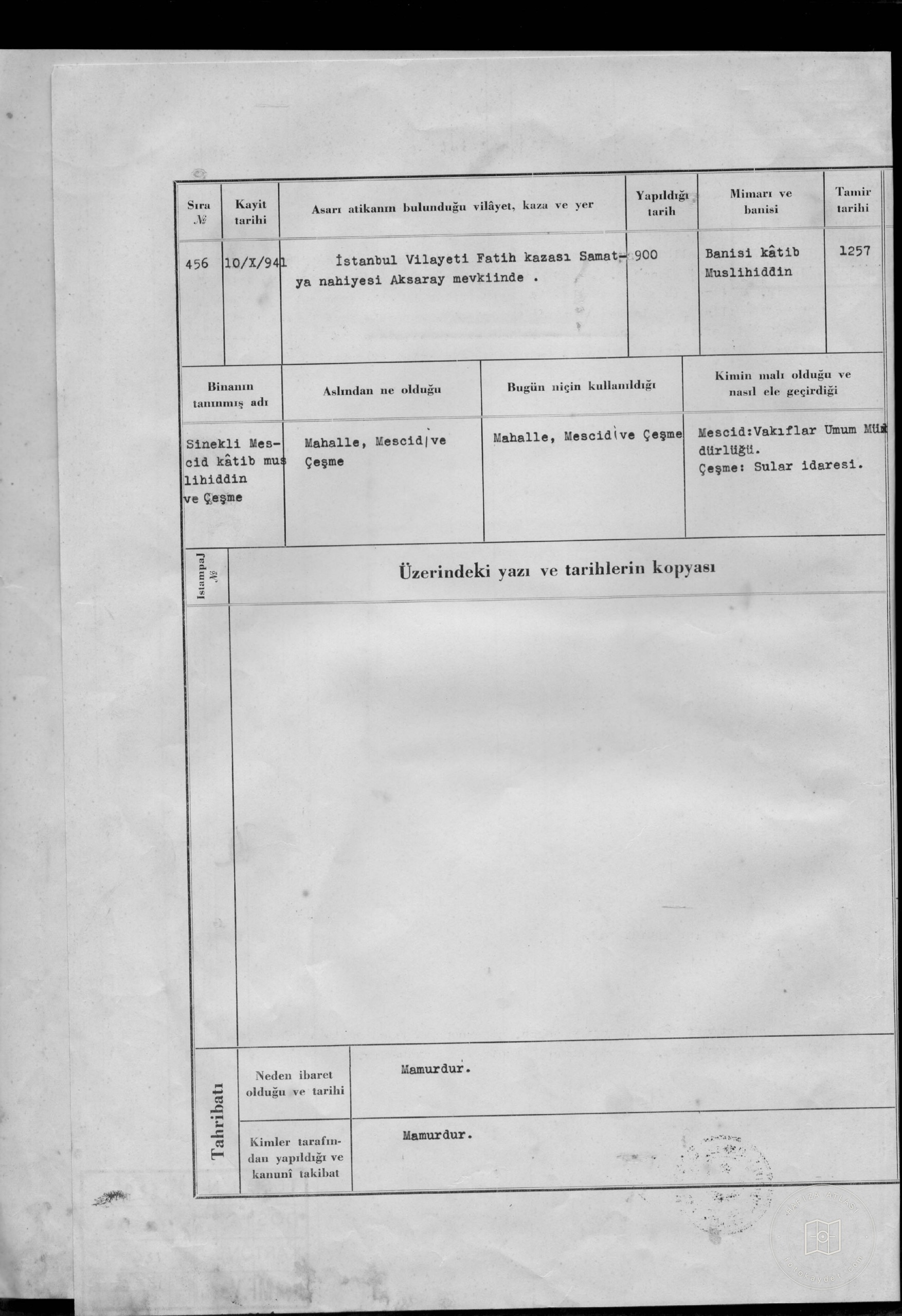 SİNEKLİ MESCİD KATİP MUSLİHİDDİN and Fountain — Document
