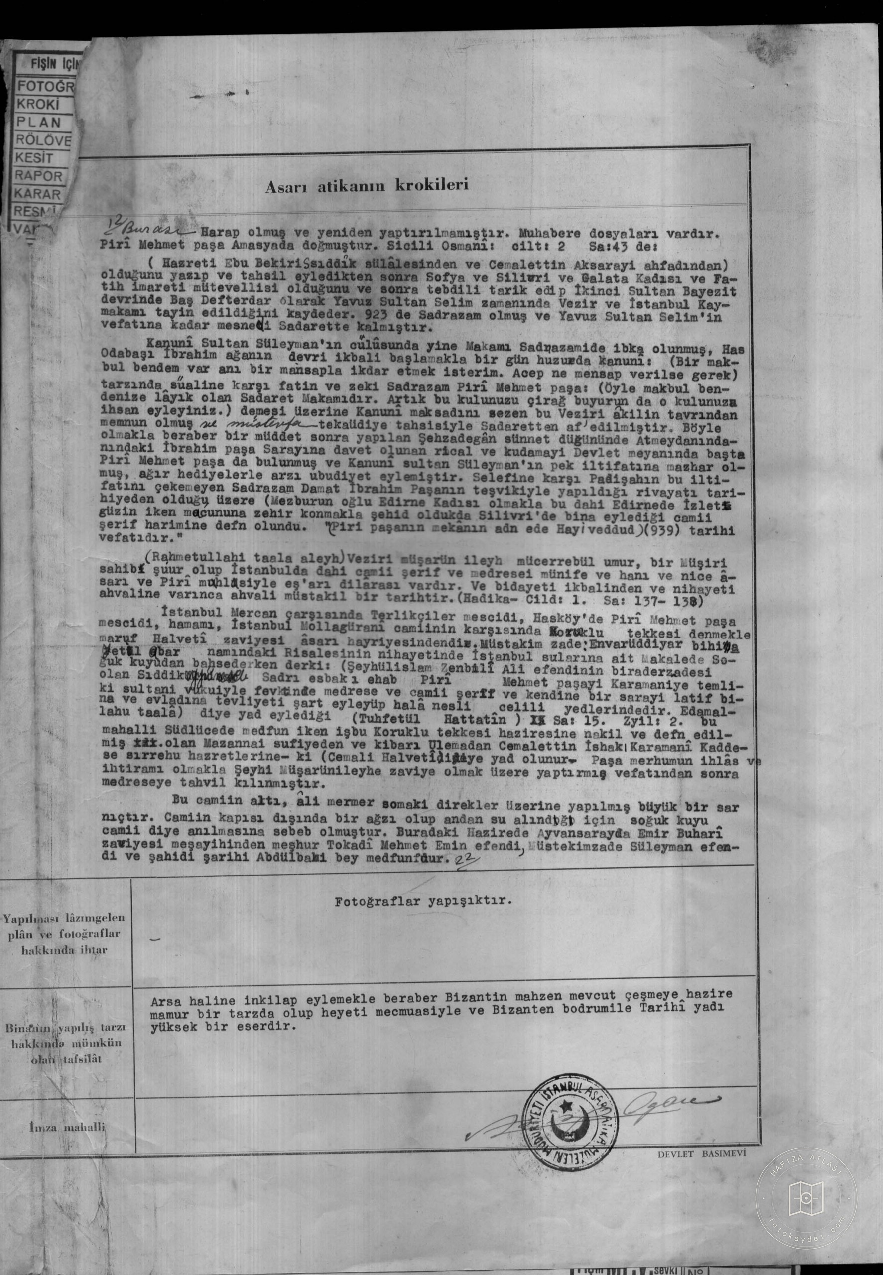 Cold Well Piri Mehmet Pasha Mosque, medresesi, kabristan — Document
