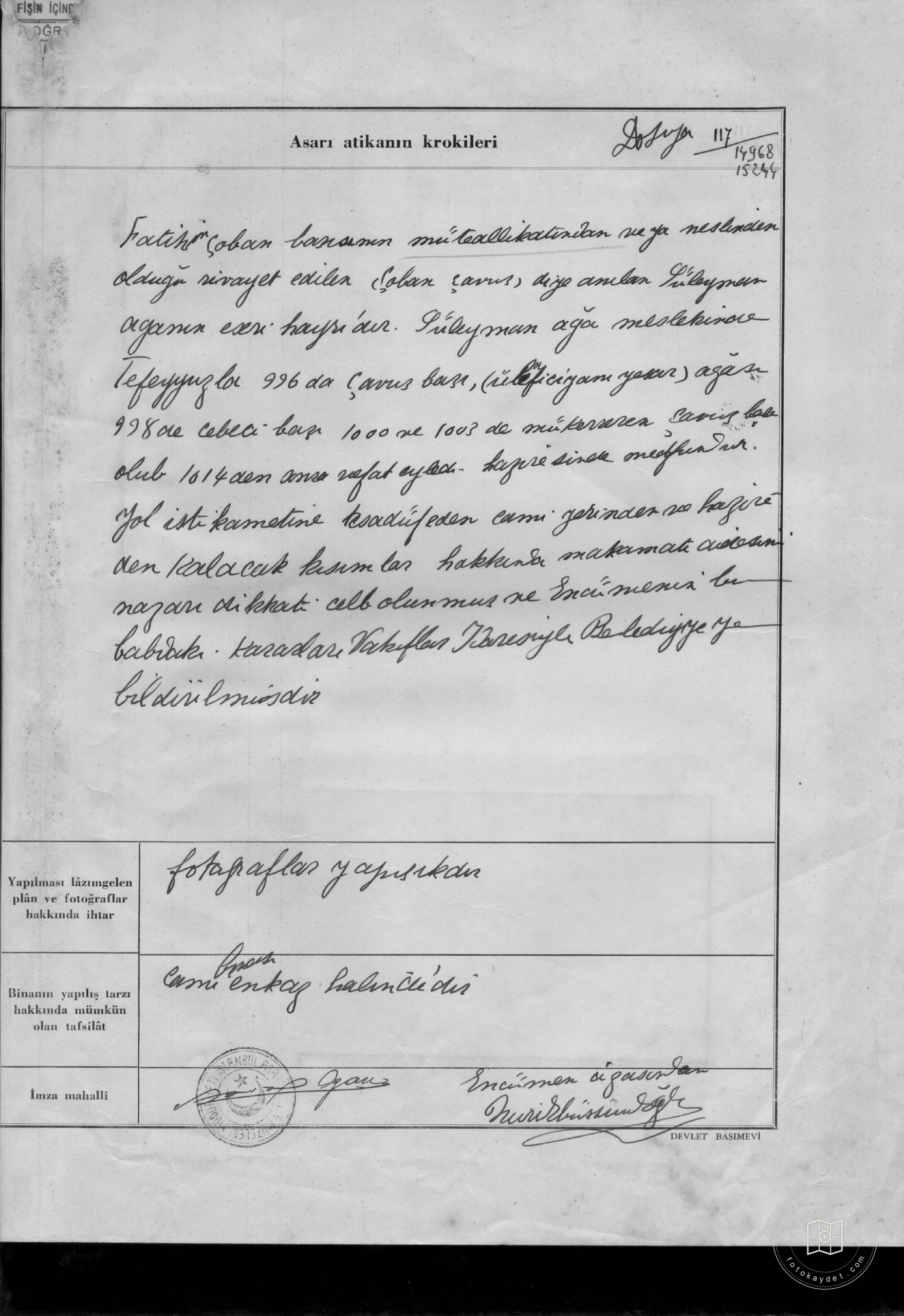 Fatih Shepherd Çavuş Mosque — Archival document