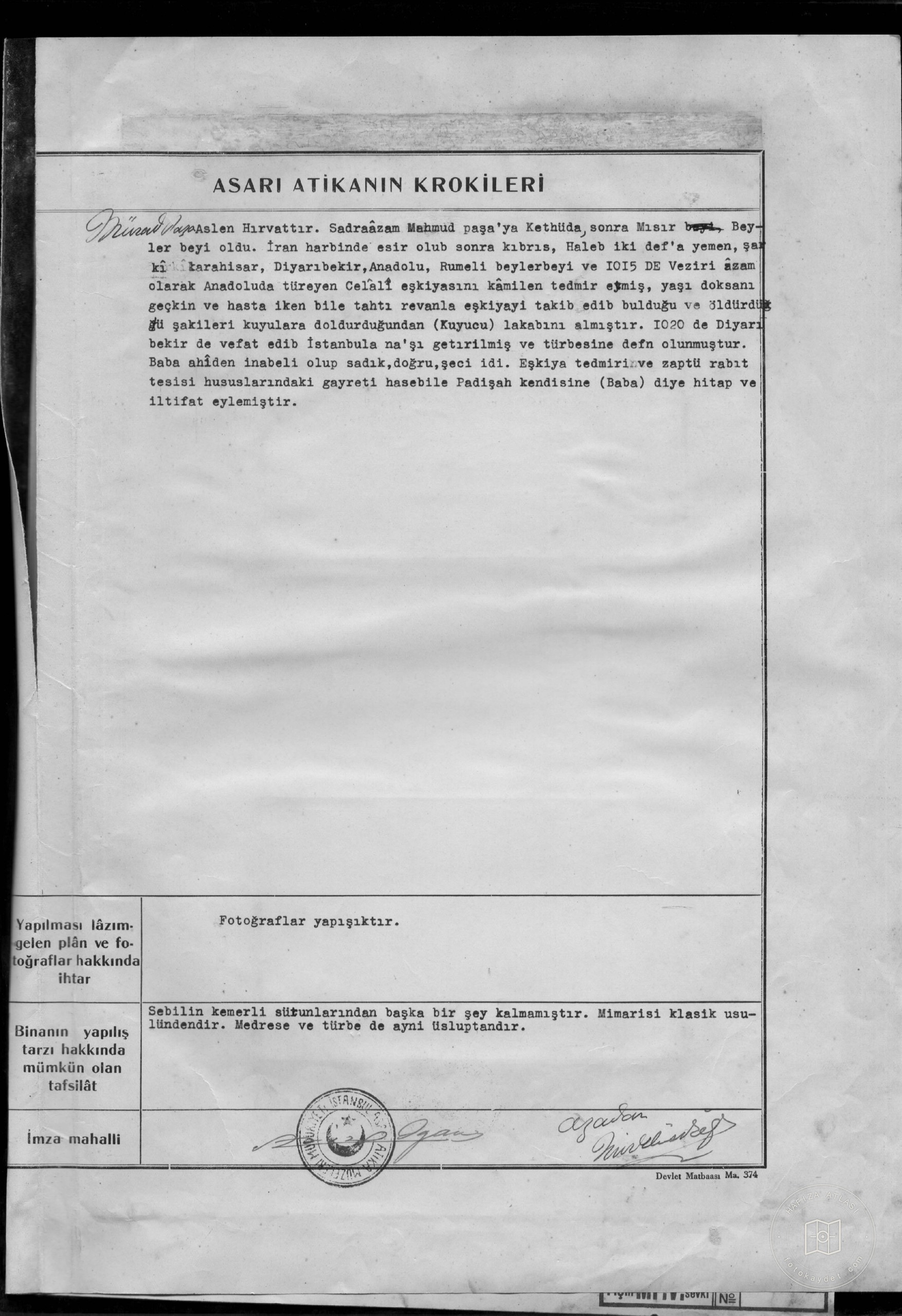 KUYUCU MURADPAŞA Tomb, SECOND AND MEDRESUM — Document