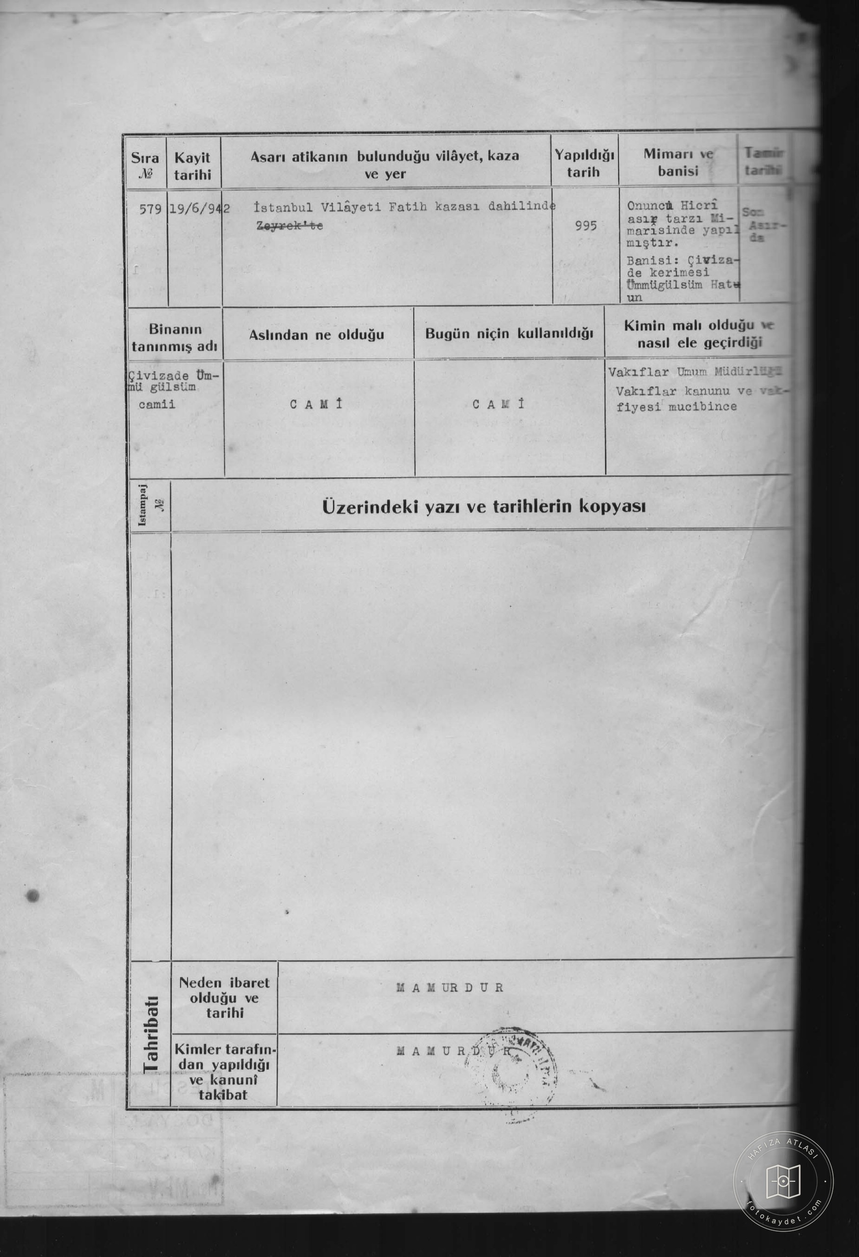 ÇİVİZADE ÜMMÜ GÜLSÜM Mosque — Document