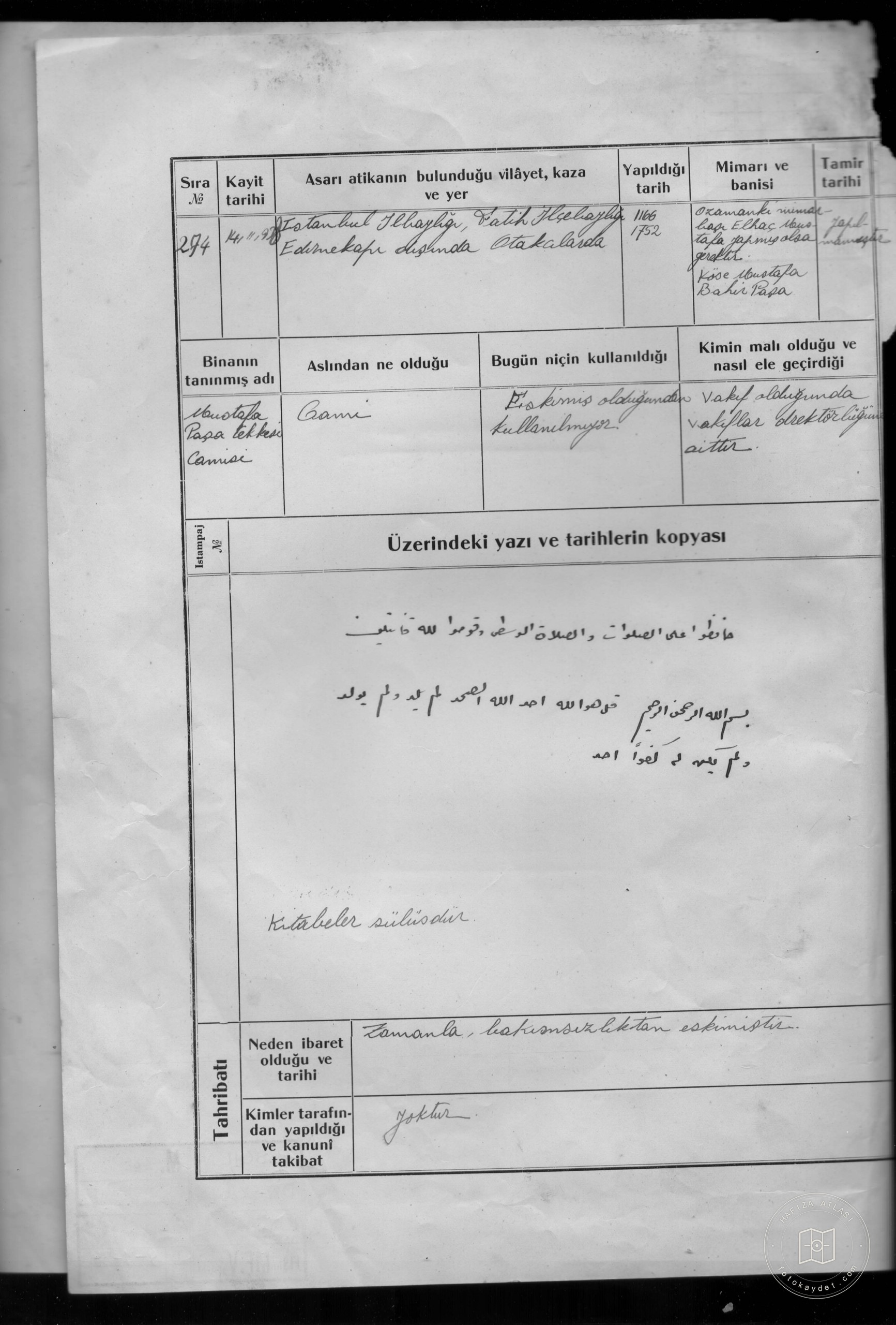 Mustafa Paşa Tekkesi Camii — Belge