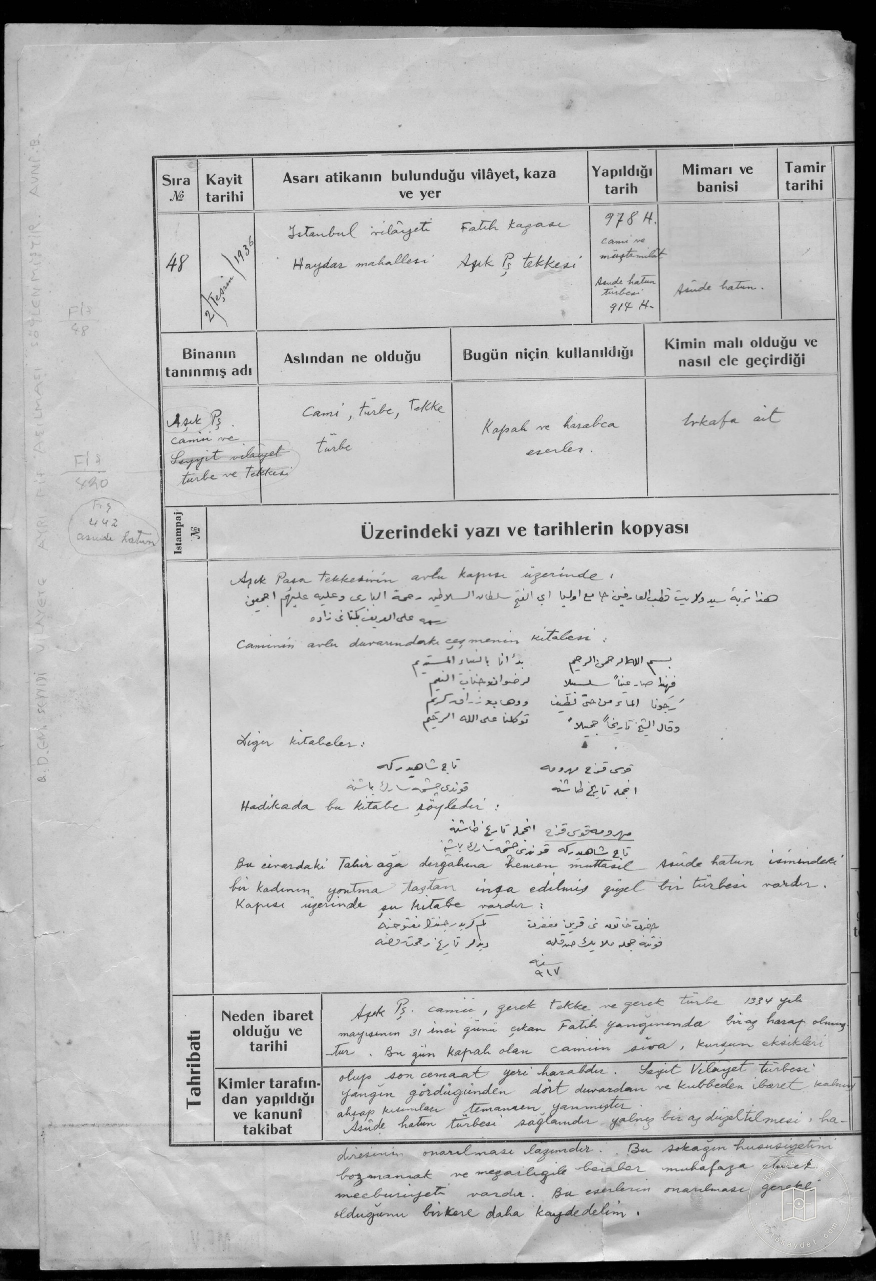 AŞIK PAŞA and SEYYİT VİLİAYET Tomb and TEKKESİ — Document