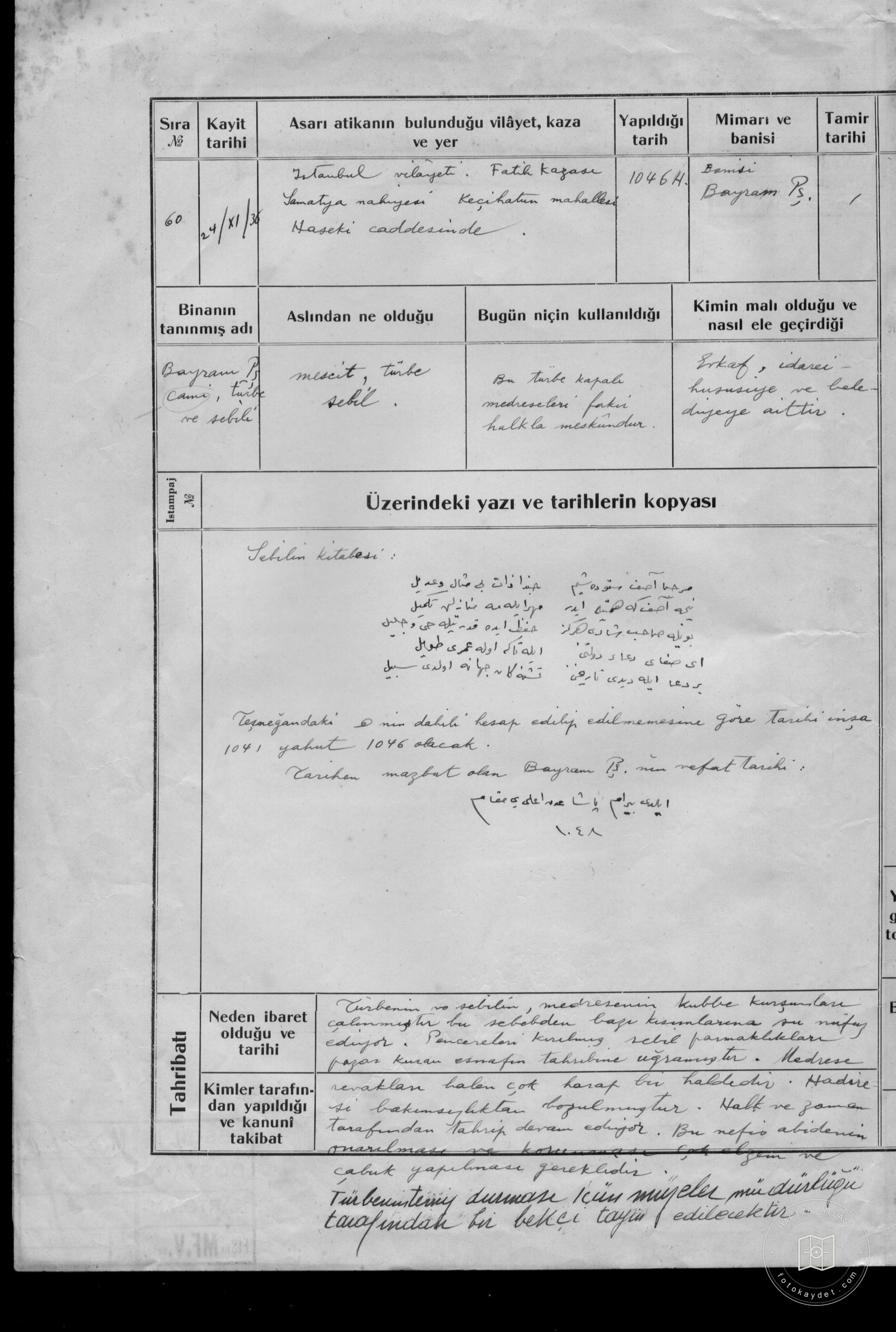Bayrampaşa Mosque, Tomb and Sebili — Document