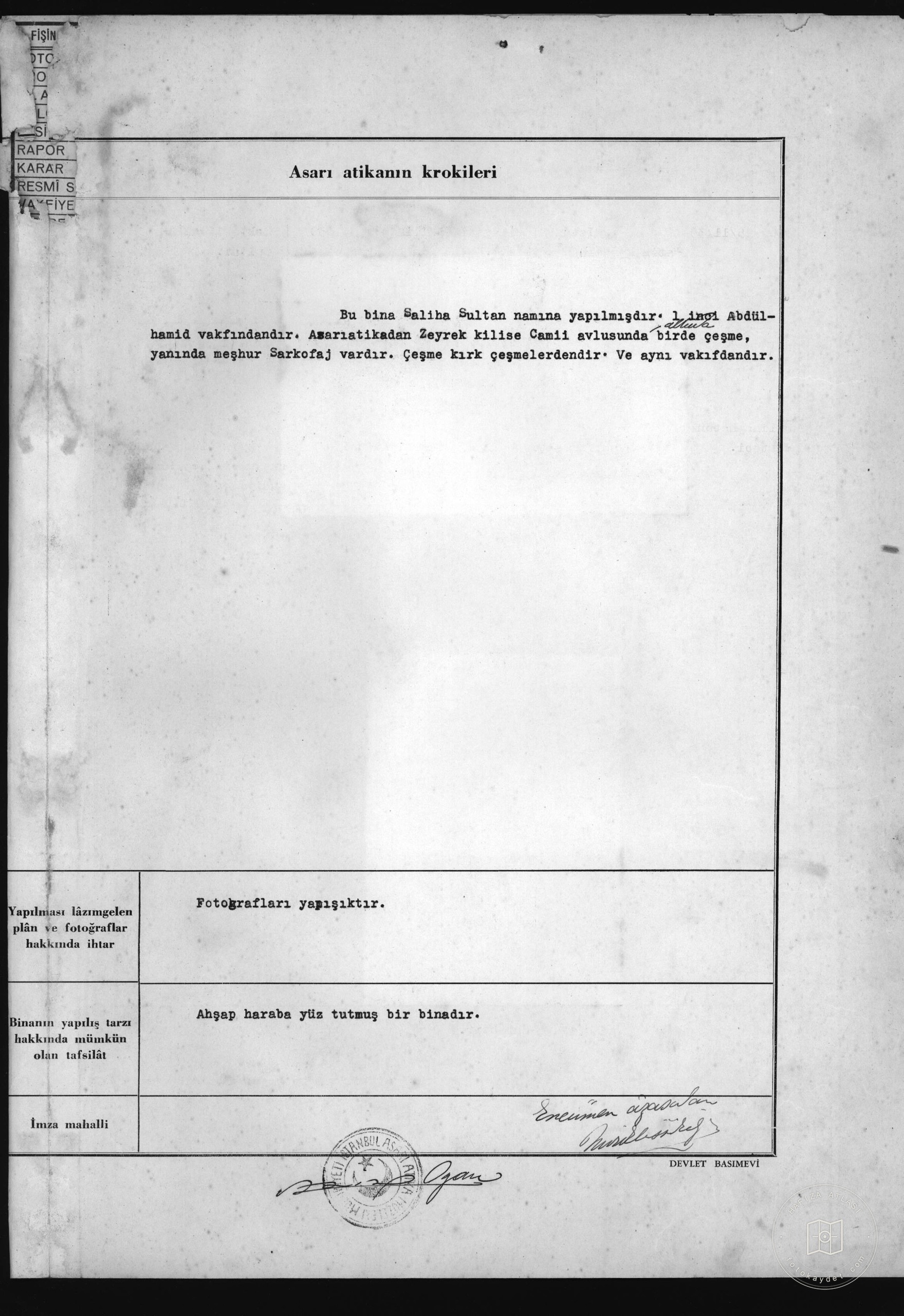 Zeyrek Çukur Çeşme On Saliha Hatun Mektebi — Archival document