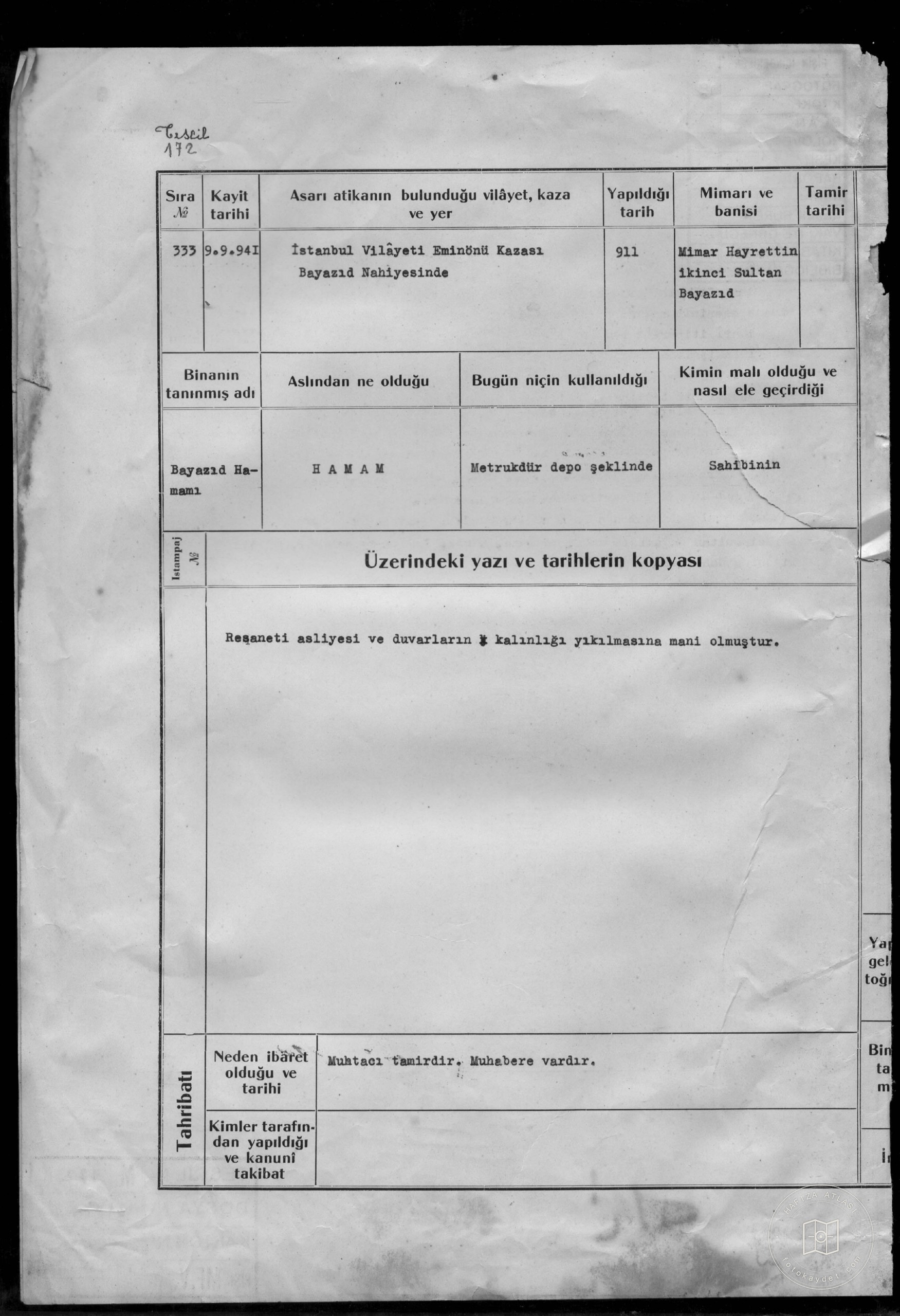 Beyazıt Bath — Archival document