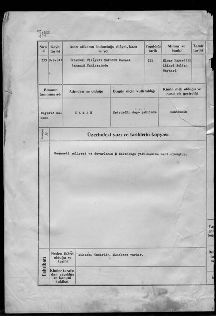 Beyazıt Bath — Archival document