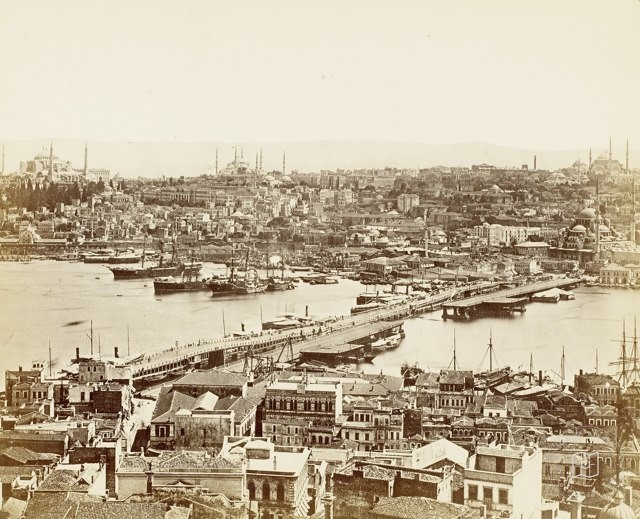 Galata Tower from Galata Bridge and Historical Peninsula · Sébah and Joaillier Photo