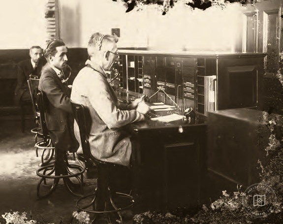 Operators connecting calls at a telephone exchange