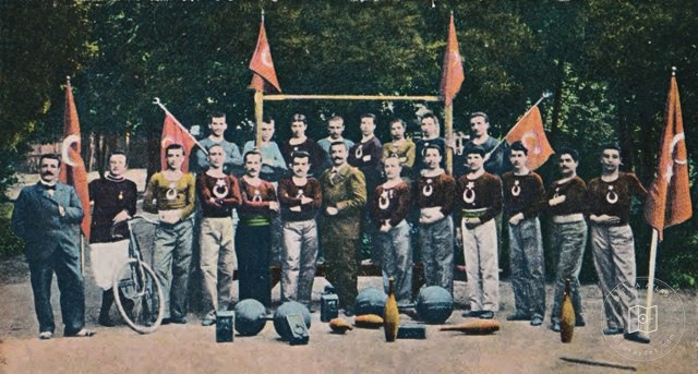 Physical education teacher Faik Bey with his Galatasaray High School students