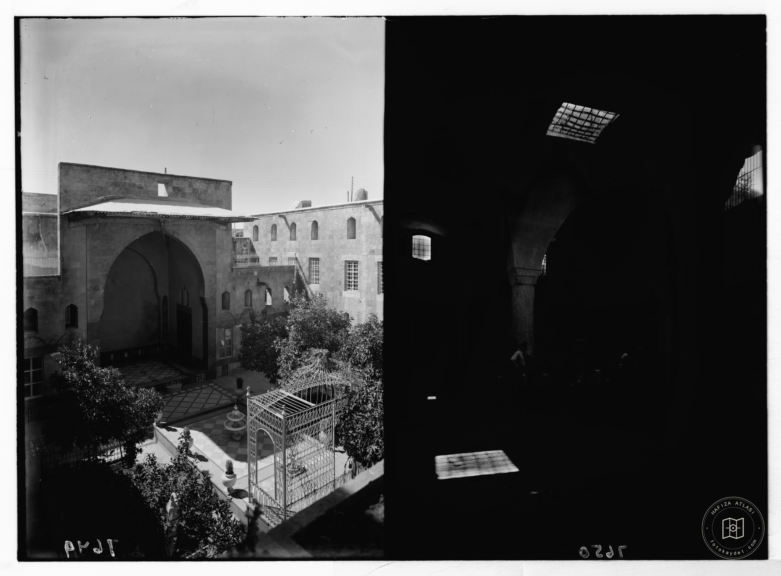 Aleppo. A typical courtyard ; Aleppo, showing architecture in covered jewelry bazaar