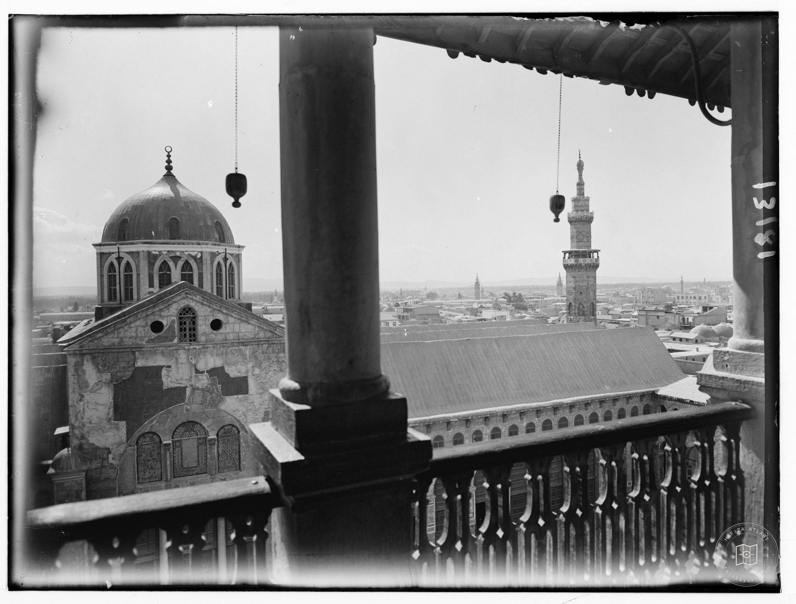Damascus. The Ommayad Mosque. View from minaret showing part of the mosque & city beyond looking S